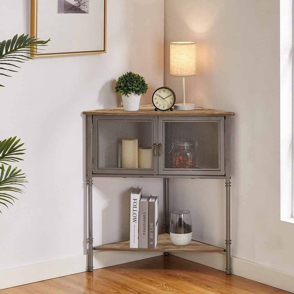 VECELO 3-Tier Corner Shelf with Storage Cabinet, 29' Tall Multiple Purpose Free Standing Shelves Organizer for Small Spaces, Living Room, Bedroom, Kitchen, Balcony, Set of 2, Grey