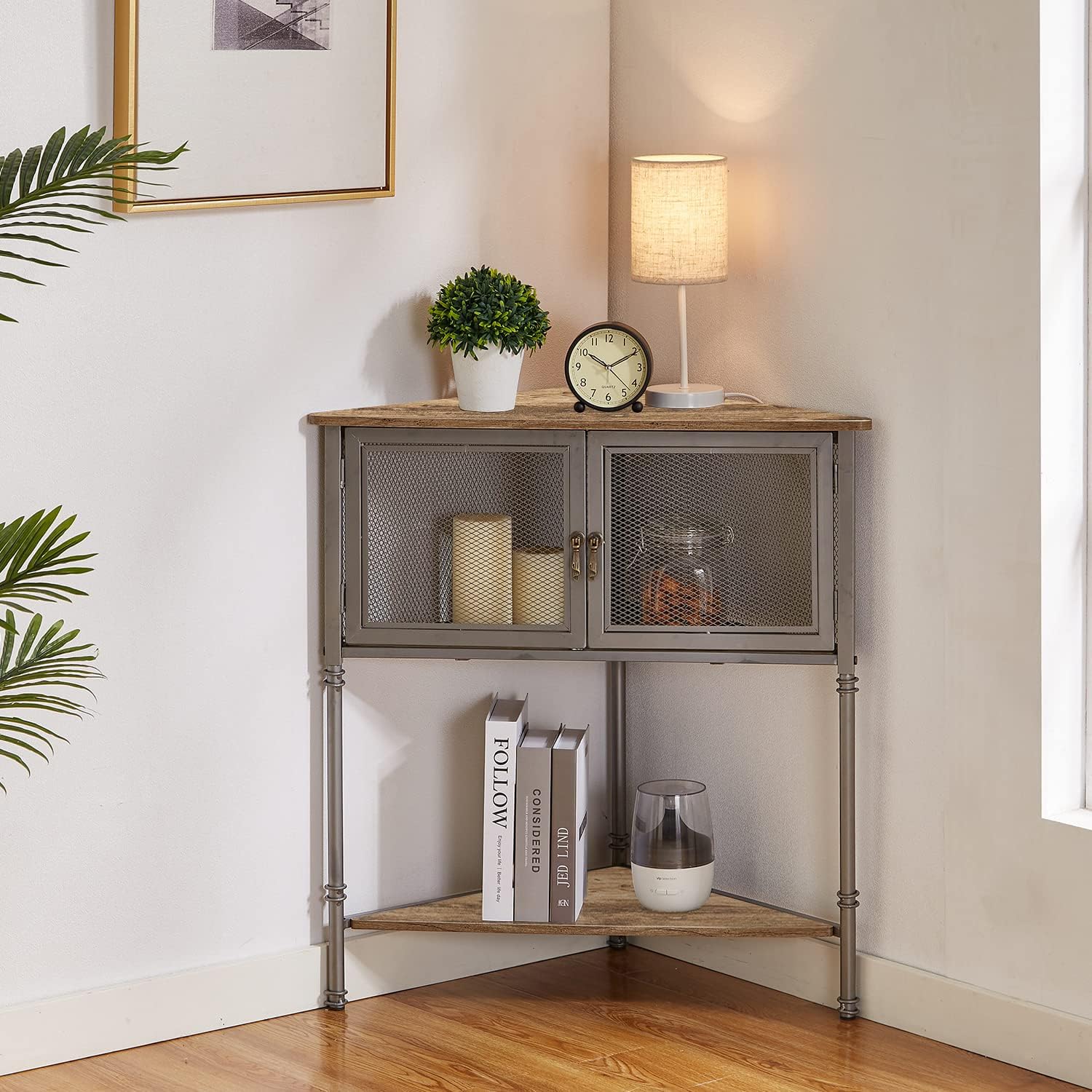 VECELO 3-Tier Corner Shelf with Storage Cabinet, 29' Tall Multiple Purpose Free Standing Shelves Organizer for Small Spaces, Living Room, Bedroom, Kitchen, Balcony, Set of 2, Grey