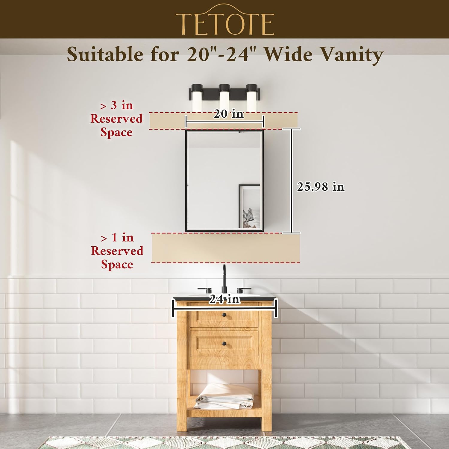 TETOTE 20' x 26' Medicine Cabinet Storage with Mirror Black Bathroom Medicine Cabinet with Beveled Aluminum Frame Surface Wall-Mounted or Recessed, Shelves Adjustable