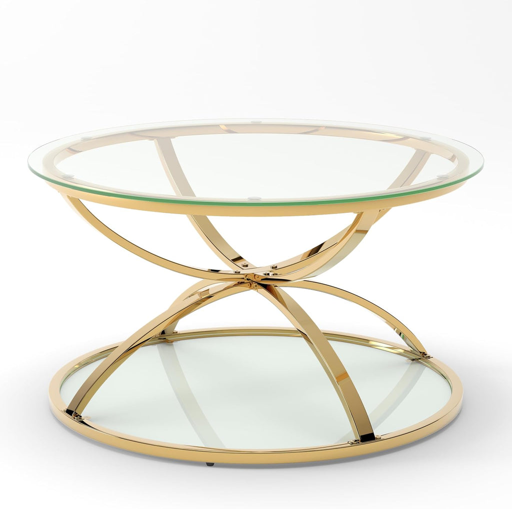 JIJIWANG 2 Tier Glass Round Coffee Table with Metal Frame and Clear Tempered Glass, 31.50'' Center Table with Ring-Shaped Frames for Living Room, Bedroom, Office, Gold
