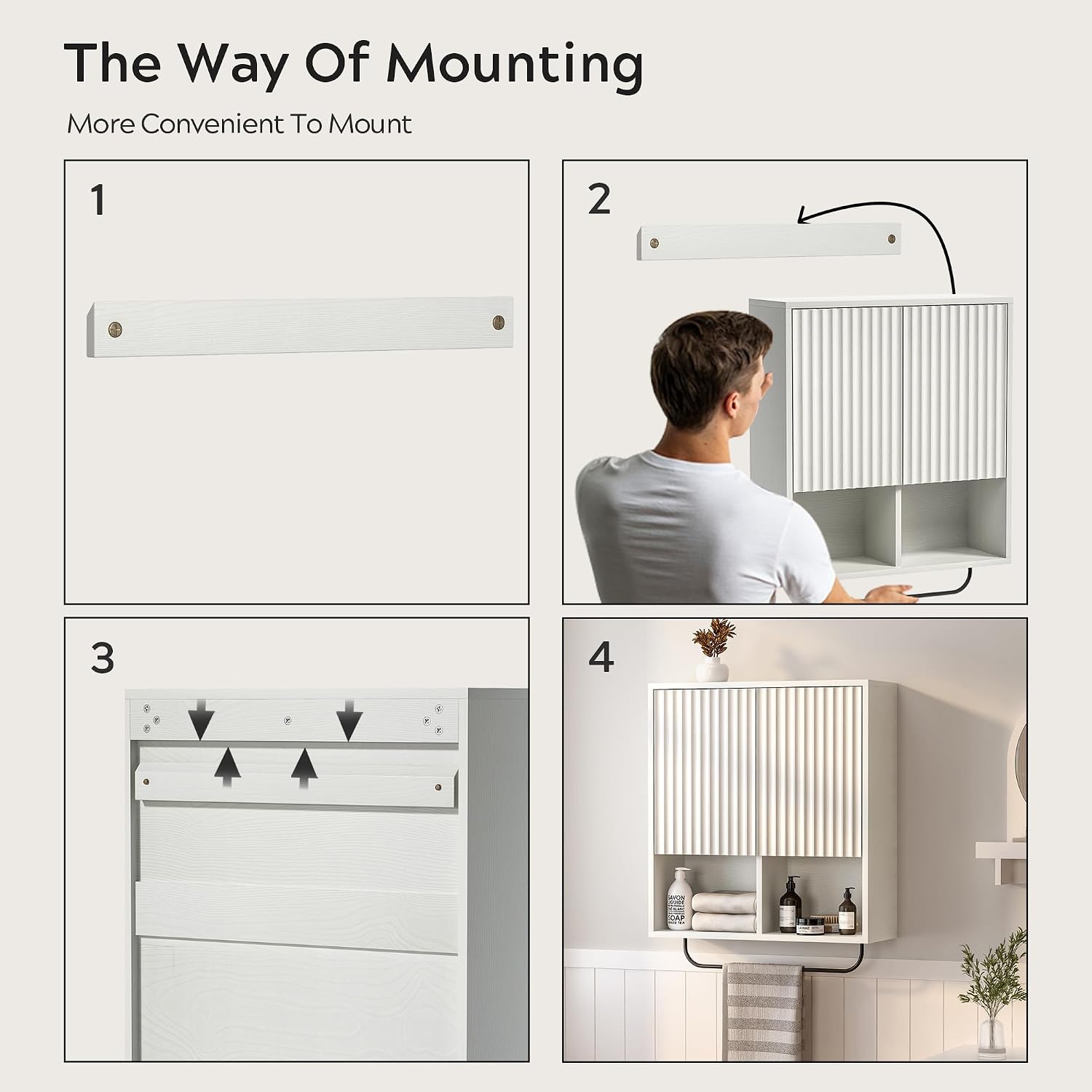 EYYTHUNG Fluted Wall Cabinet Set of 2, Wooden Bathroom Medicine Cabinet Storage with 2 Doors, Adjustable Shelf and Towels Bar, Modern Wall Mount Large Floating Cabinet for Kitchen White