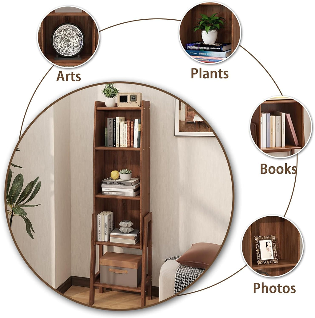 5 Tier Mid Century Bookcase,Open Floor Standing Storage Bookshelf,Modern Organizer Narrow Bookcase,Free Standing Organizer Shelves for Study Living Room Kitchen Office Bedroom Balcony(Brown)