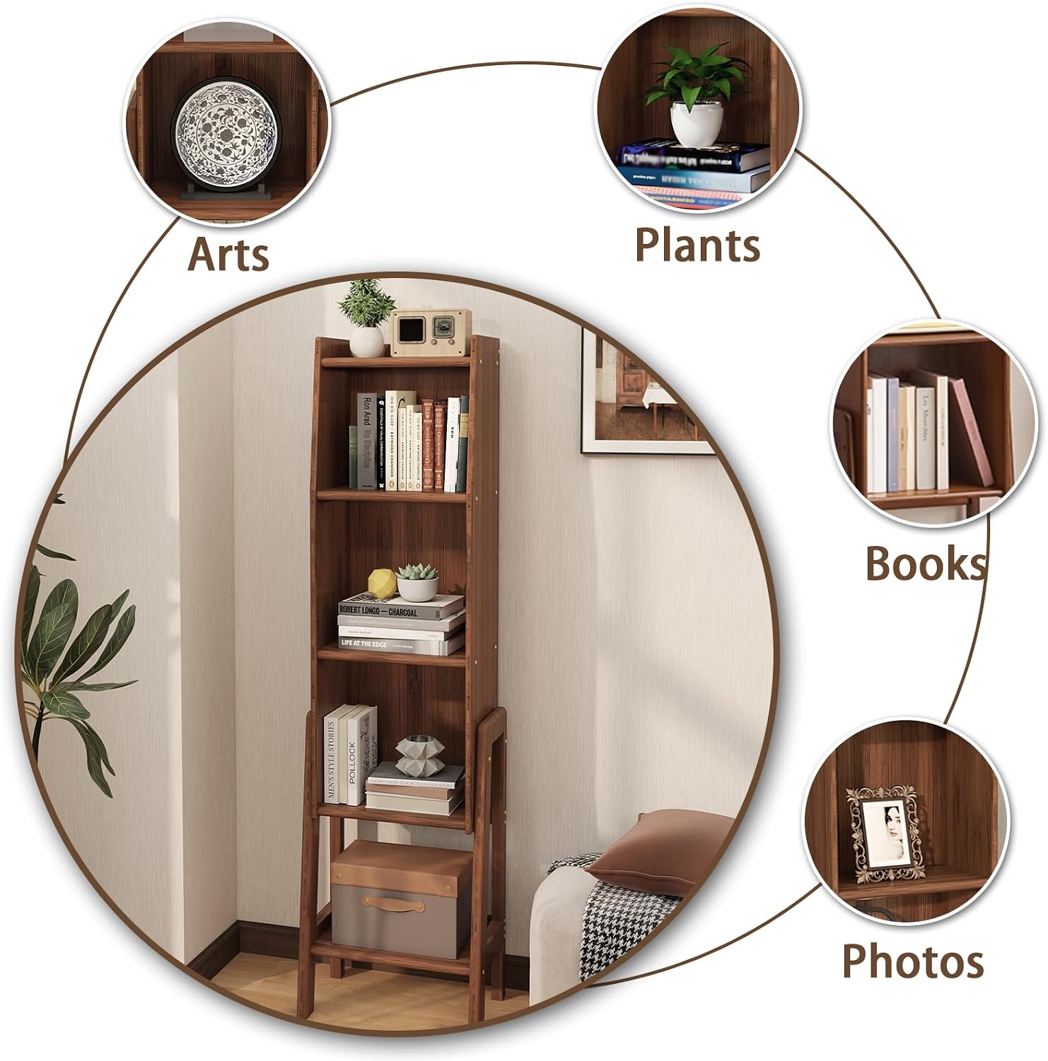 5 Tier Mid Century Bookcase,Open Floor Standing Storage Bookshelf,Modern Organizer Narrow Bookcase,Free Standing Organizer Shelves for Study Living Room Kitchen Office Bedroom Balcony(Brown)