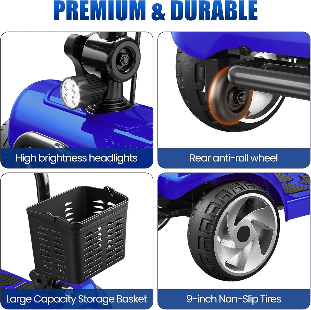 30 Miles Long Range Electric Mobility Scooter, Powered Mobility Scooters for Adults and Seniors, Motorized Scooter, Compact Heavy Duty Mobile for Travel with LED Headlight, Basket Blue
