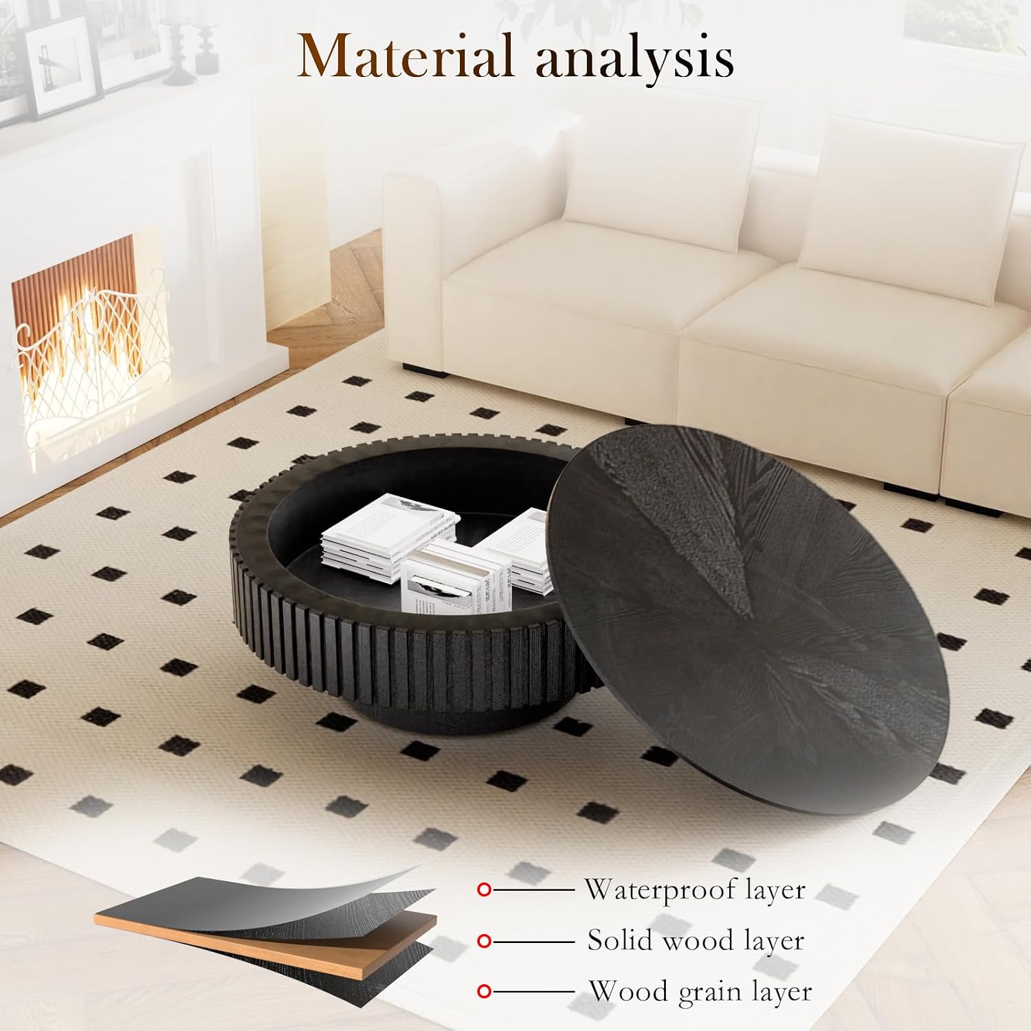 31.49'' Round Drum Coffee Table with Storage Space, Modern Wood Circle Fluted Coffee Tables Handcrafted Fluted Center Table for Living Room Apartment, Easy Assembly