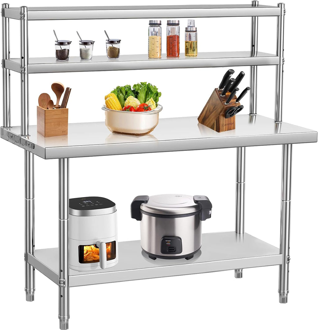 Garvee 36x24 in NSF Stainless Steel Prep Table with Adjustable Overshelves & Hooks – Commercial Kitchen Island for Restaurant, Home & Hotel, Heavy-Duty Workbench with Rust-Resistant Coating
