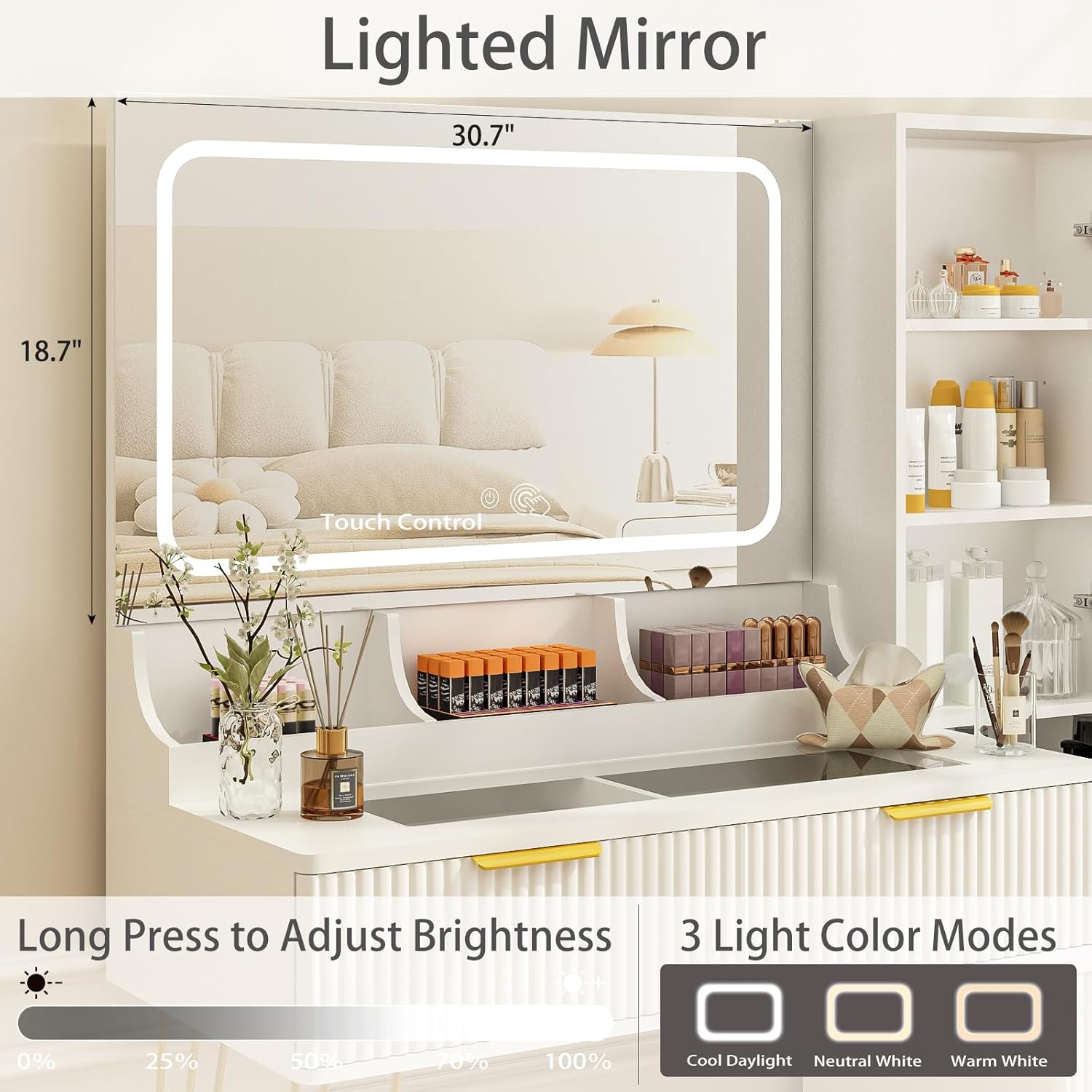 43' Vanity Desk with Mirror and Lights, Makeup Vanity Table with 4 Drawers, White Dressing Table for Bedroom, Fluted Makeup Desk with Modern Glass Top, 3 Lighting Modes Adjustable Brightness