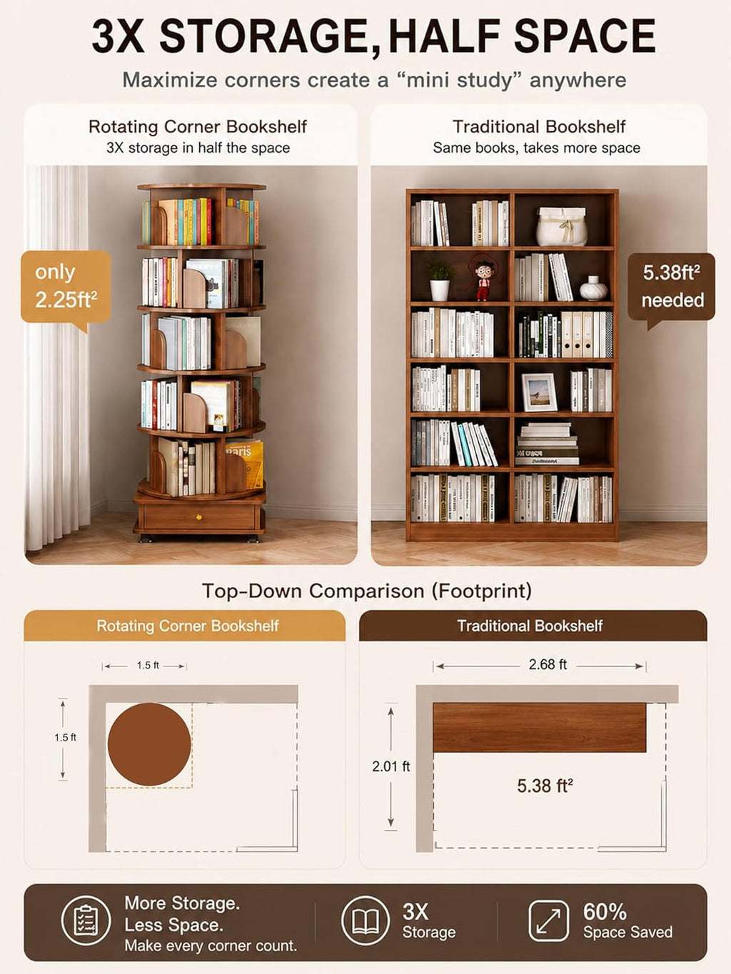 6 Tier Rotating Bookshelf with Cabinet On Wheel, 360° Display Spinning Corner Book Shelf Tower, Narrow Tall Bookshelves, Small Revolving Bookcase, Wooden Book Shelf Standing Storage Rack