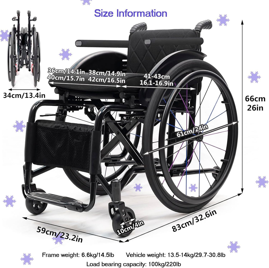 Foldable Aluminum Wheelchair,Folding Sports Wheelchair,Transport Wheelchair with Handbrakes,All-Terrain Ultra Lightweight Wheelchair,Wheelchairs for Adults,Anti-Tip Wheels(14.1in/36cm)