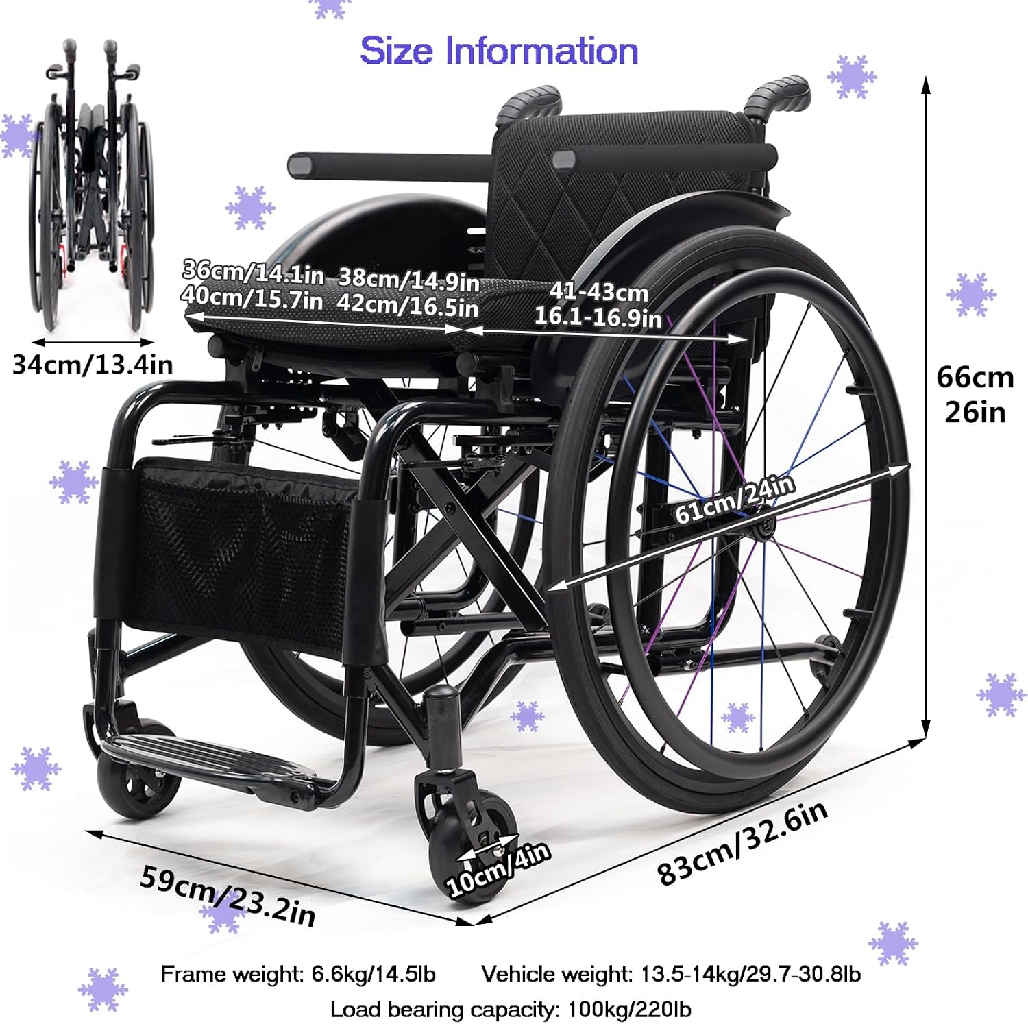 Foldable Aluminum Wheelchair,Folding Sports Wheelchair,Transport Wheelchair with Handbrakes,All-Terrain Ultra Lightweight Wheelchair,Wheelchairs for Adults,Anti-Tip Wheels(14.1in/36cm)