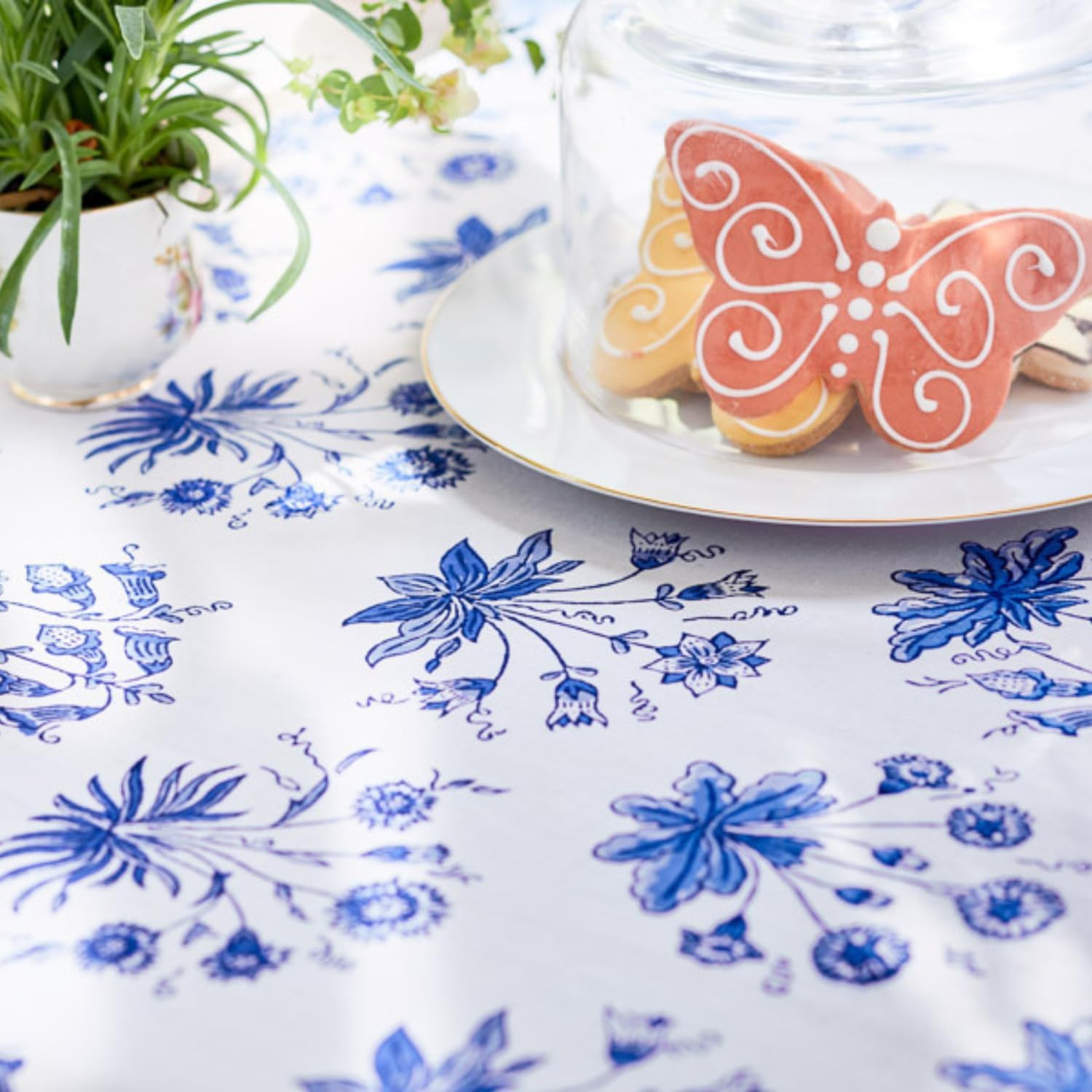 Saffron Marigold Round Hand Block Printed Tablecloth - Blue English Gardens Luxurious 100% Cotton, Washable, for Home Decor, Kitchen, Coffee Or Dining Table 70 Inch