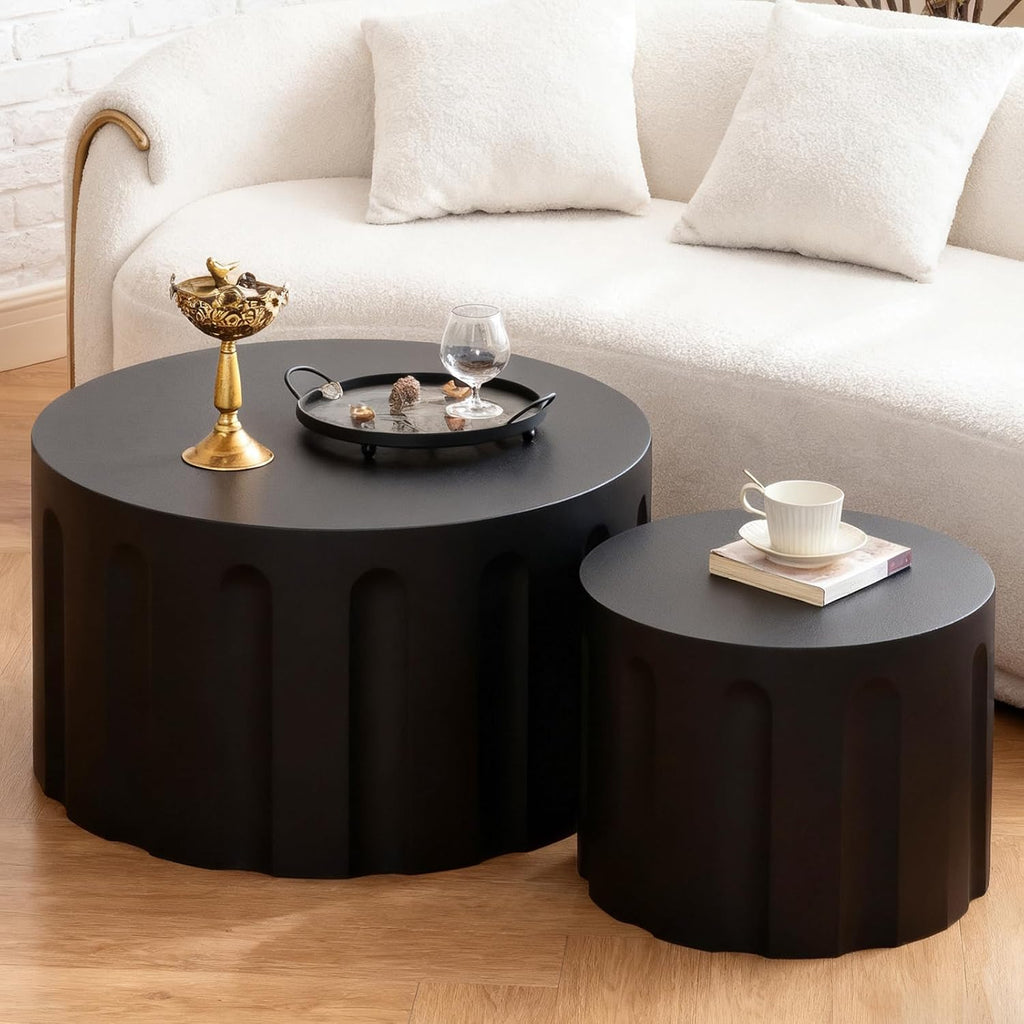 Round Nesting Coffee Table Modern Black Fluted Coffee Table Set of 2 Stripe Round Coffee Tables Drum Crescent Side Table Accent End Table for Living Room (Black D Large)