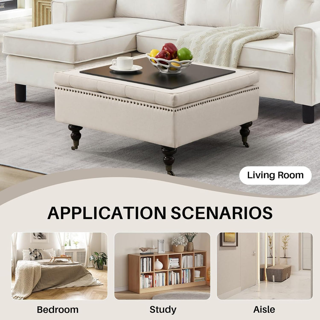 4-in-1 Square Storage Ottoman Bench with Rolling Wheels,Large Ottoman with Storage,Upholstered Coffee Table for Living Room/Bedroom,Beige