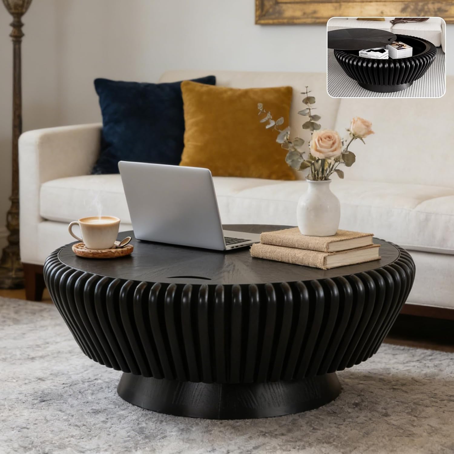 Round Coffee Table with Storage, 35.4' Modern Wooden Drum Coffee Table with Cover, Fluted Circle Center Table, Solid Wood Veneered, Accent Tea Table for Living Room Apartment Small Space (35.4' Black)