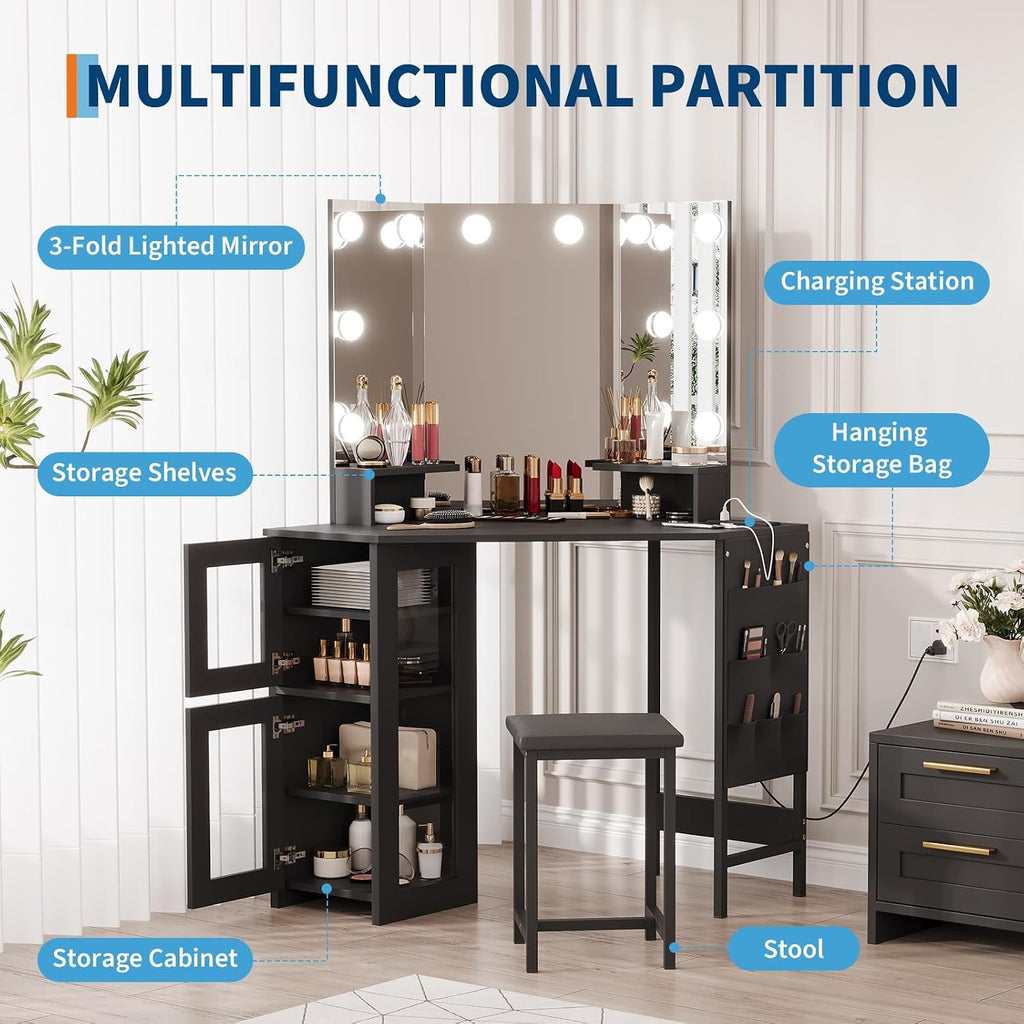 Corner Makeup Vanity Desk with Mirror Lights, Dimmable LED Vanity & USB Charging Station, Storage Cabinet & Stool, Adjustable Shelf, Bedroom Vanity for Women Girls, Grey