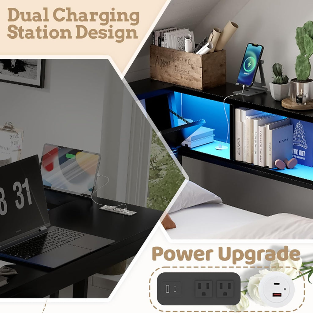 Full Size Corner Bed Frame with Desk & Charging Station, Full Corner Daybed with Storage Drawers, LED Light and 6 Bookcase, Metal Corner Bed Frame Full for Living Room Bedroom Guest Room, Black