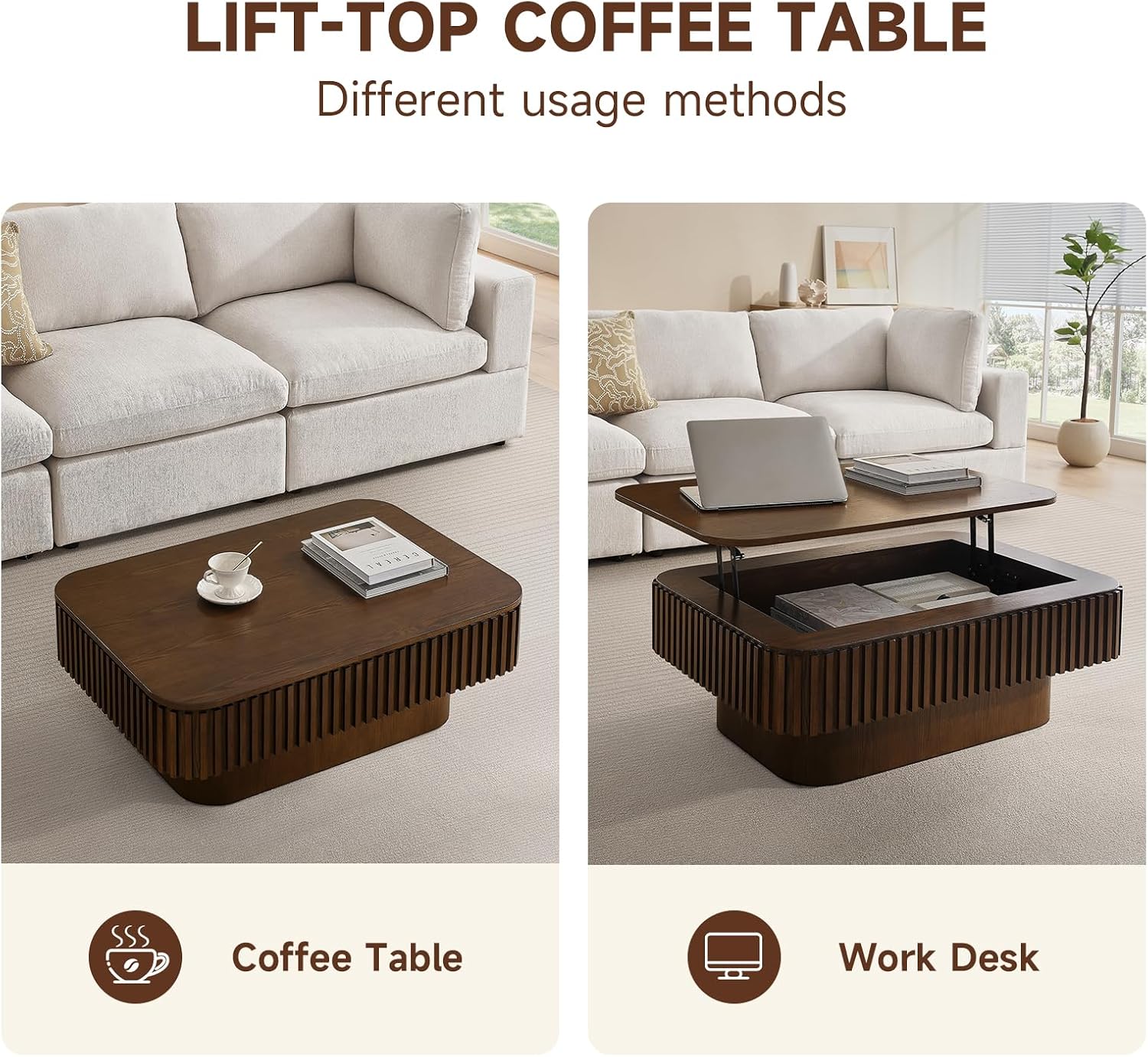 Lift Top Coffee Table for Living Room,Rectangle Handmade Solid Wood Strips, Fluted Coffee Table with Hidden Storage Compartment Small Space Office Apartment (38.6' L×26.8''W×13.8''H-Walnut)