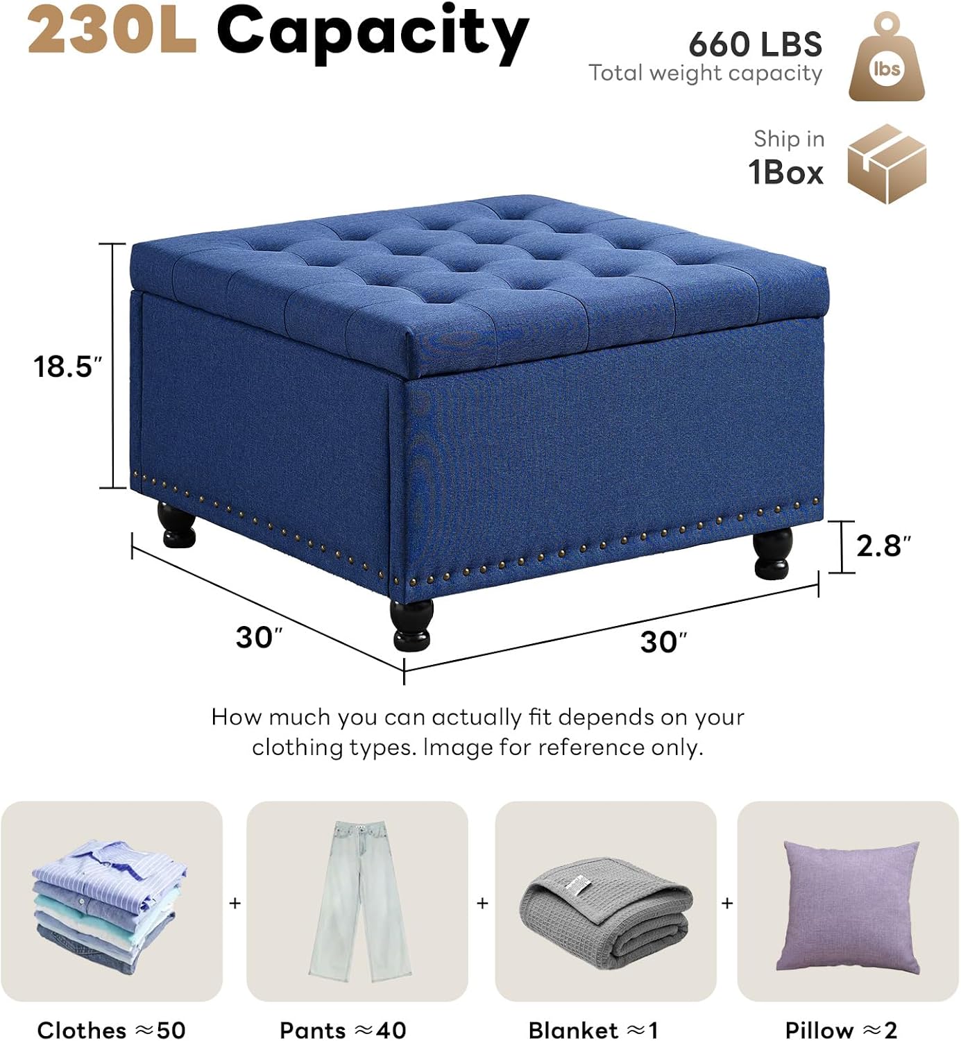 Tbfit 30' Large Square Ottoman Coffee Table with Storage, Oversized Tufted Upholstered Ottomans Bench with Solid Wood Legs for Living Room, Dorm, Leather Foot Stool for Couch Sofa Toy Box, Blue