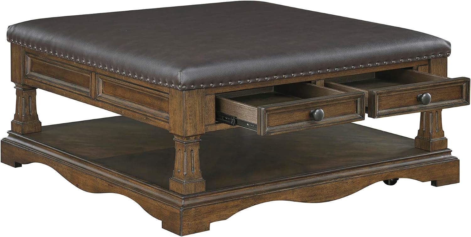 Lexicon 39 Inch Wood Coffee Table with 4 Drawers, Lower Open Shelf, Casters, Square Ottoman Coffee Table, Faux Leather Cocktail Ottoman, Nailhead Trim, Footrest for Living Room, Easy Assembly, Brown