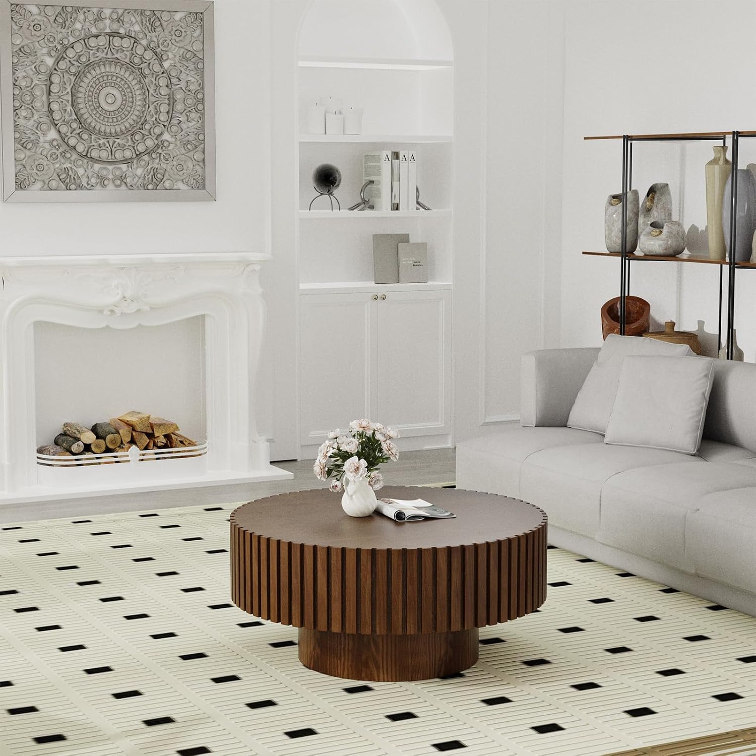Round Fluted Coffee Table Mid Century Modern Coffee Tables with Handcrafted Relief Circle Drum End Table Rustic Industrial Center Tables for Apartment Living Room (Brown Round)