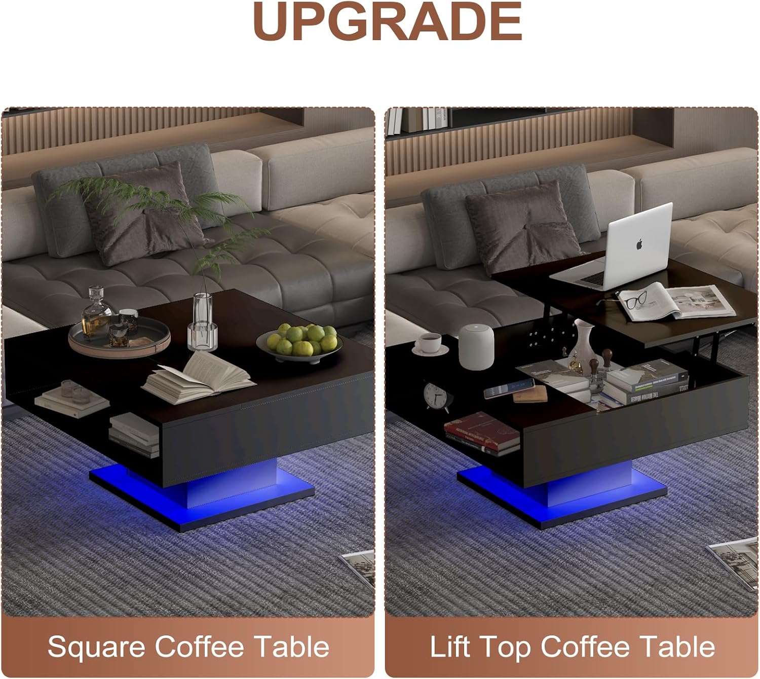 Square Lift Top Coffee Table with Storage, Black Led Coffee Table for Living Room with Large Hidden Storage, 30.7' Wood Table Led Center Table for Dining Reception Room