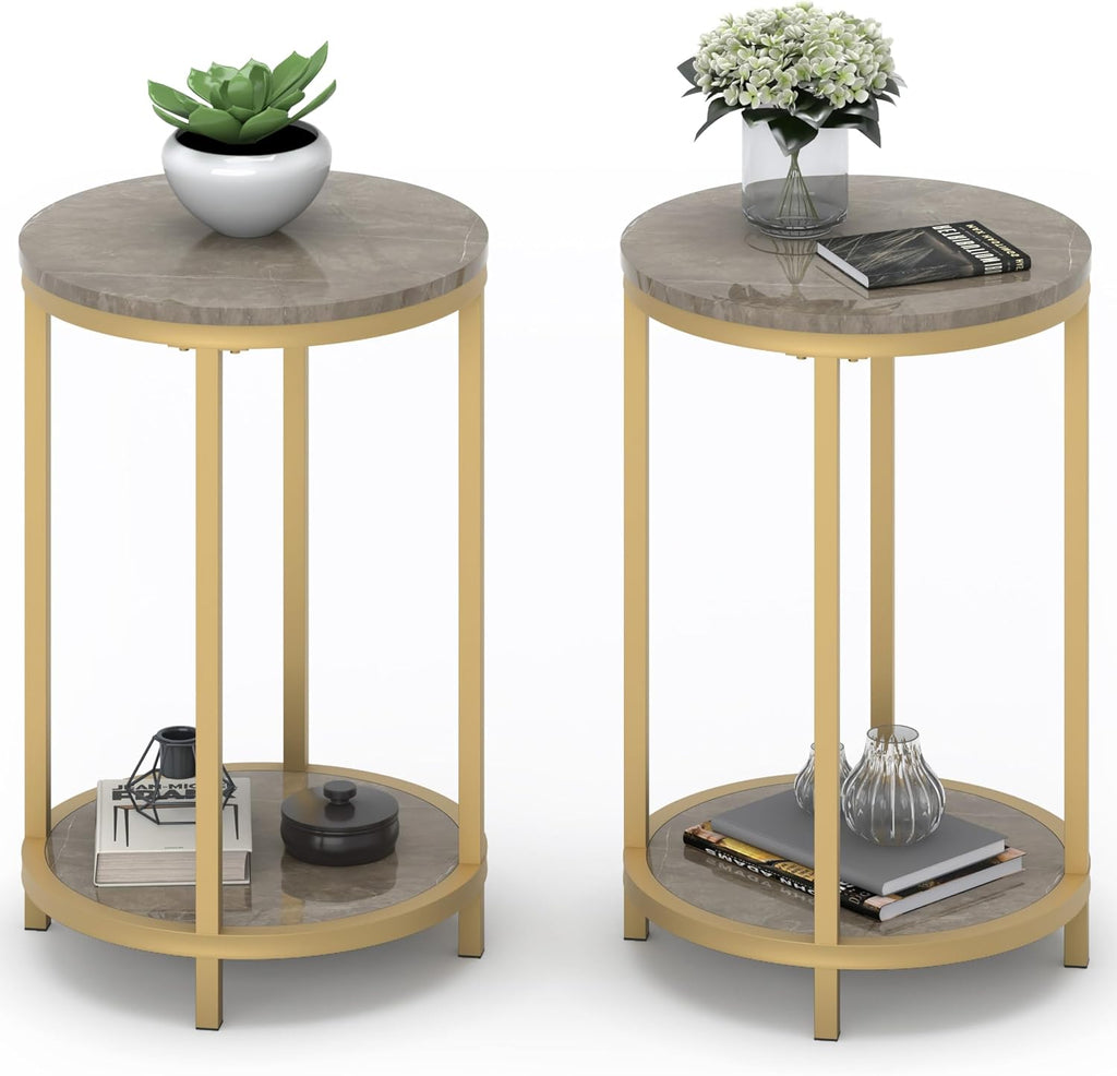 WiberWi Round Side Table Set of 2, Modern Nightstand End Table with Gold Metal Frame &Faux Marble Top, Accent Bedside Table for Living Room Bedroom Small Spaces with Storage Open Shelf, Grey