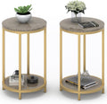 WiberWi Round Side Table Set of 2, Modern Nightstand End Table with Gold Metal Frame &Faux Marble Top, Accent Bedside Table for Living Room Bedroom Small Spaces with Storage Open Shelf, Grey