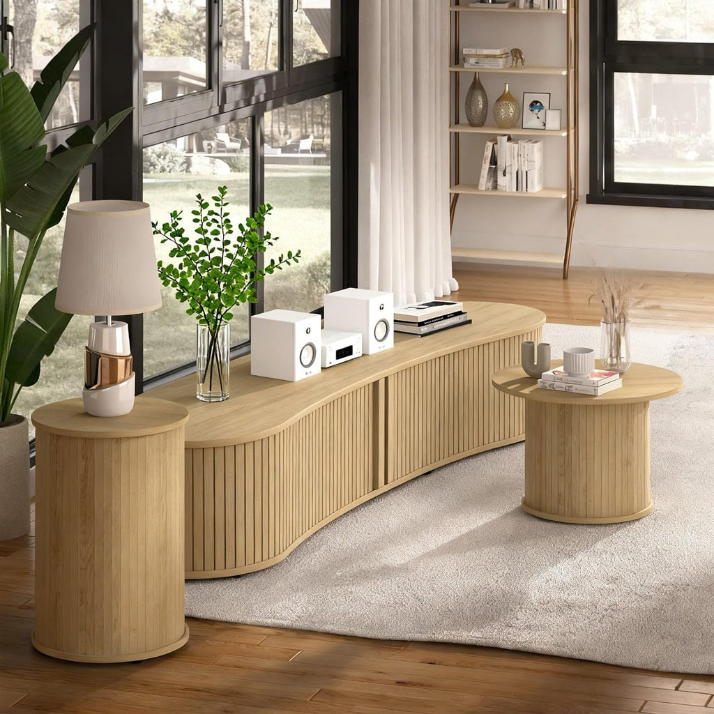 TV Stand and Coffee Table Set of 3, Living Room Table Set Fluted End Table & Coffee Table & 59' Low TV Stand with Sliding Doors for Living Room, Bedroom, No Screws Ultra Fast Assembly (Oslo Oak)