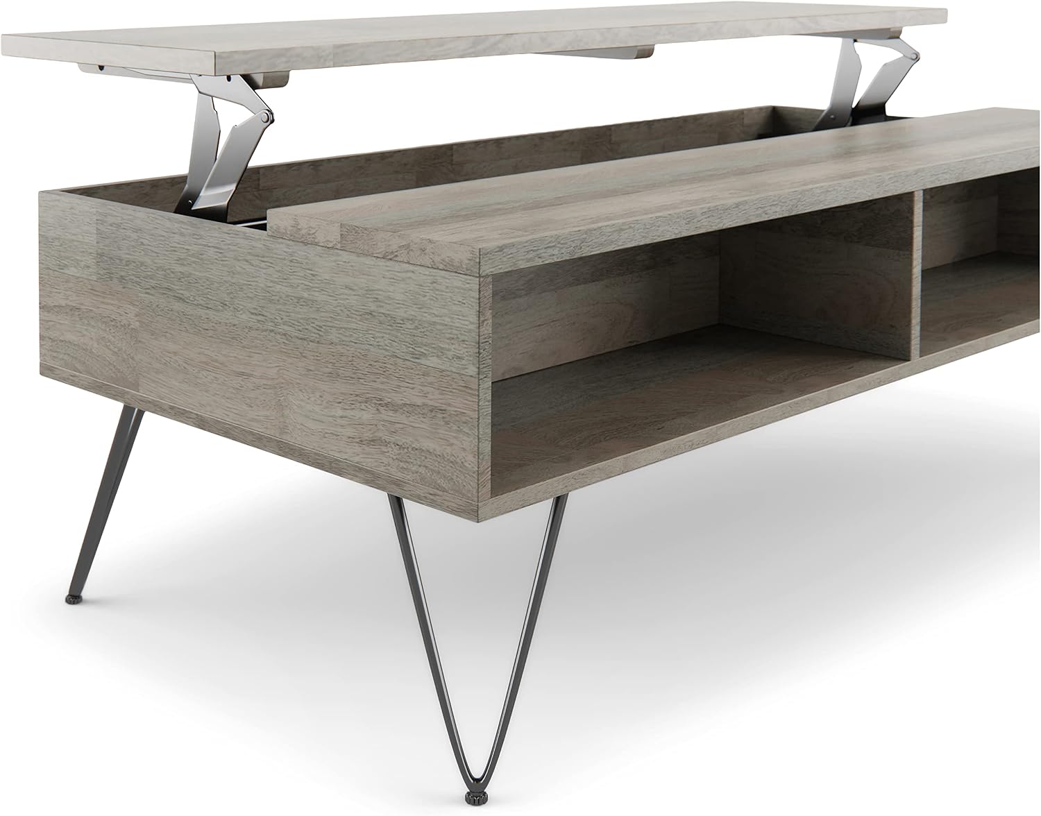 SIMPLIHOME Hunter SOLID MANGO WOOD and Metal 48 inch Wide Rectangle Industrial Lift Top Coffee Table in Grey for the Living Room and Family Room
