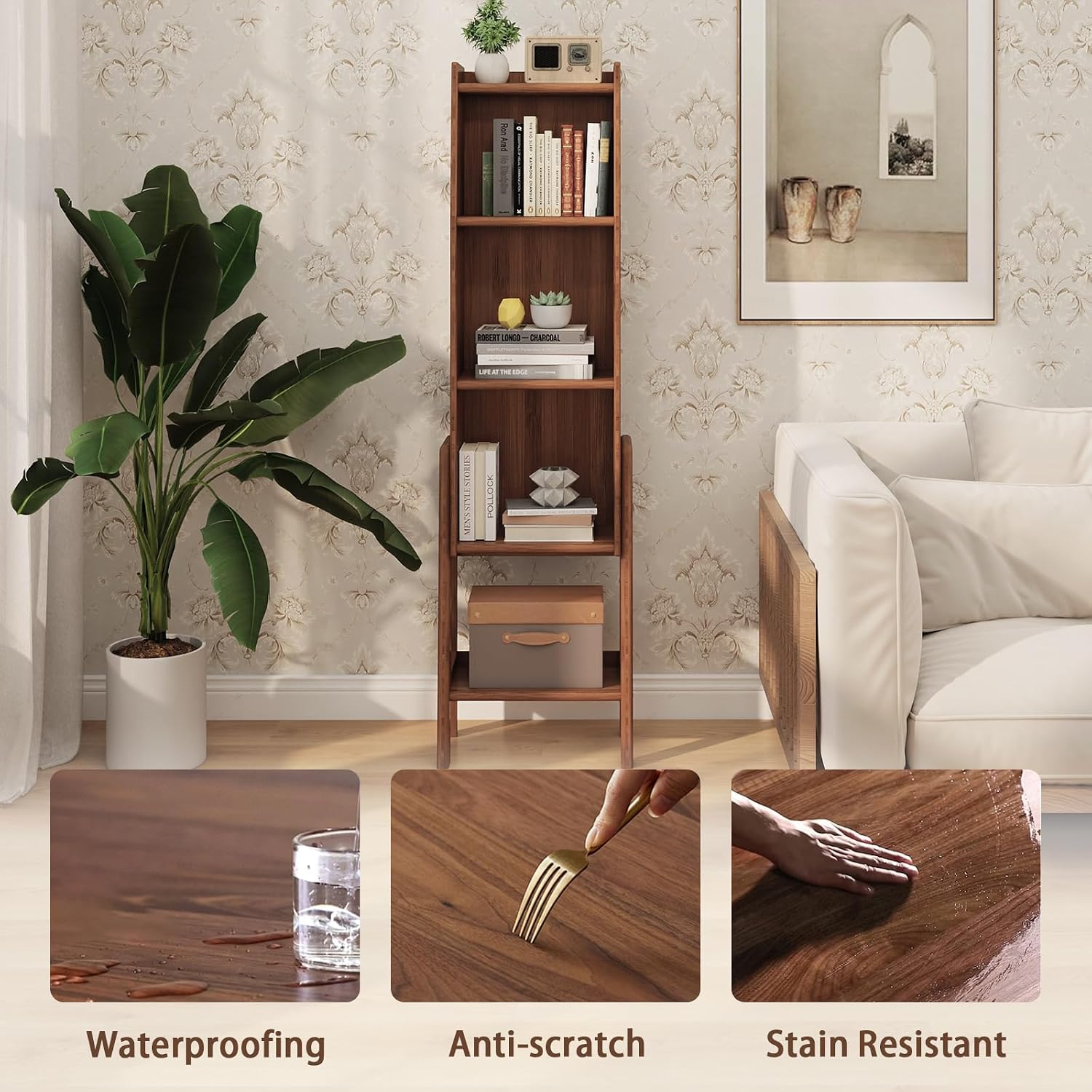 5 Tier Mid Century Bookcase,Open Floor Standing Storage Bookshelf,Modern Organizer Narrow Bookcase,Free Standing Organizer Shelves for Study Living Room Kitchen Office Bedroom Balcony(Brown)