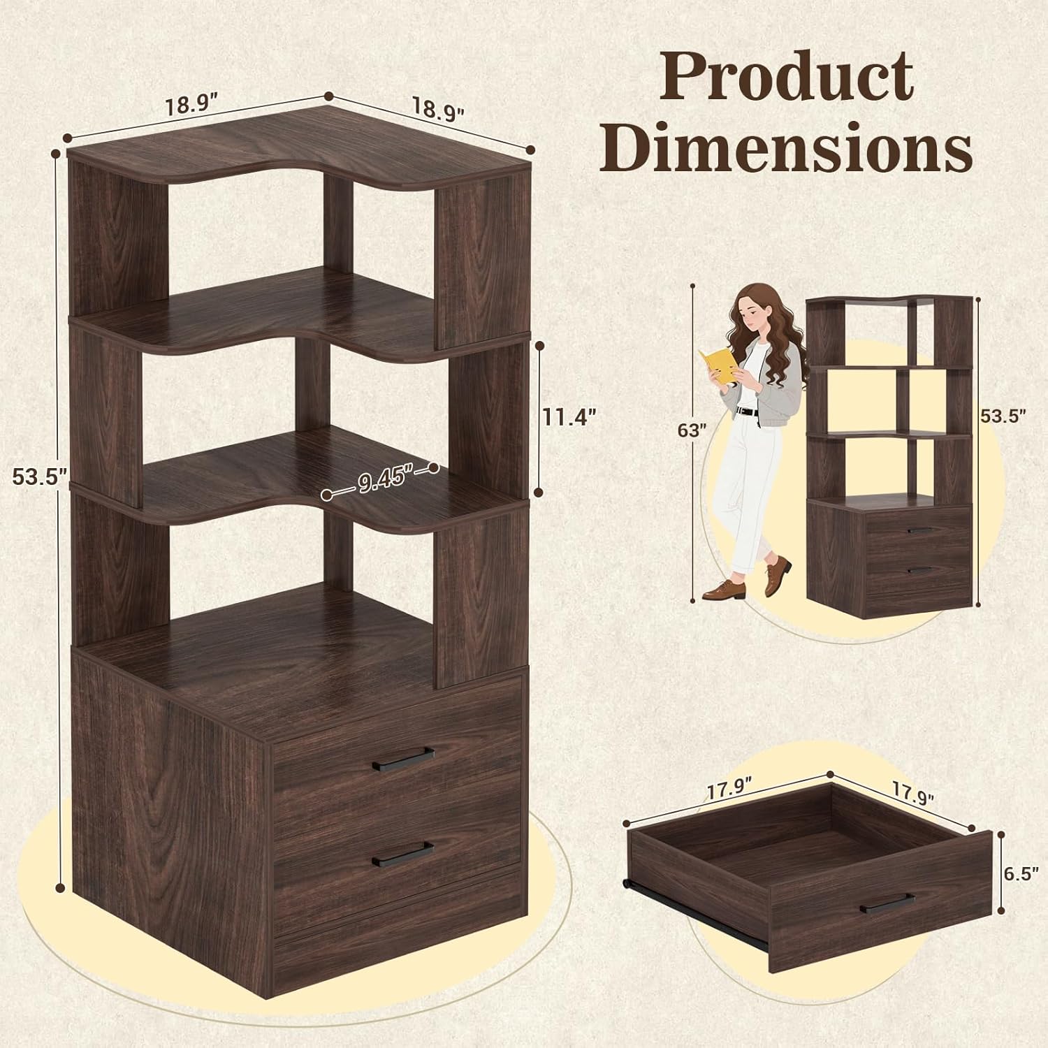 Armocity Corner Bookshelf with Drawers, 6 Tier Corner Book Shelf Display Bookcase, Freestanding L Shaped Bookshelf for Bedroom, Living Room, Home Office, Black Walnut