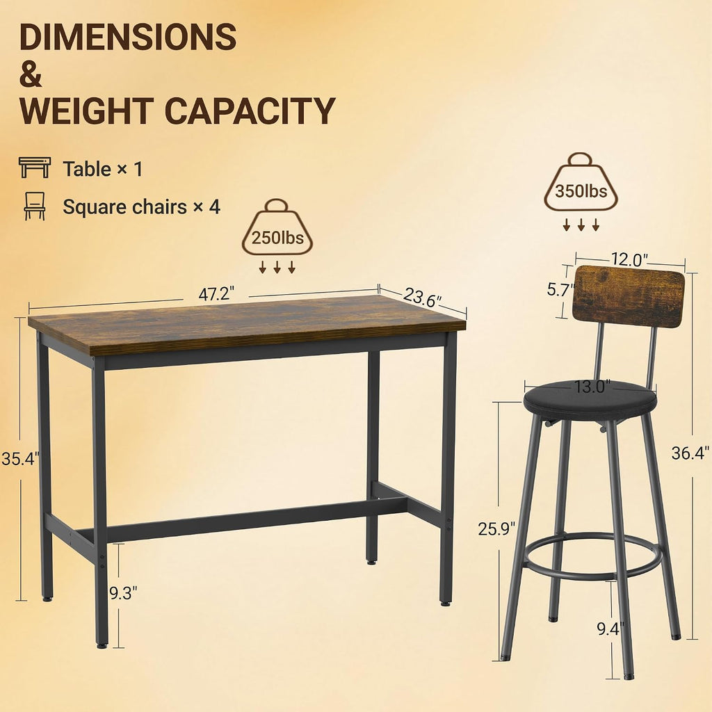 Elevon 47 in Long Bar Table Set with 4 PU Leather Bar Stools, Dining Table and Chair Sets, Industrial Tall Coffee Table and Back Chair for Kitchen, Living Room, Party Room, Pub, Brown