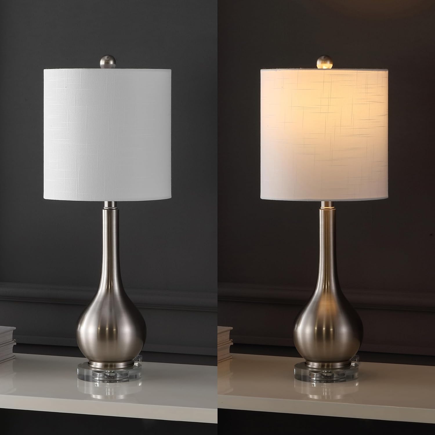 JONATHAN Y 25' Nickel Metal and Crystal Teardrop LED Table Lamp for Bedroom Living Room Bedside Nightstand, White Linen Drum Shade, LED Bulb Included, Set of 2 (JYL5010B-SET2)