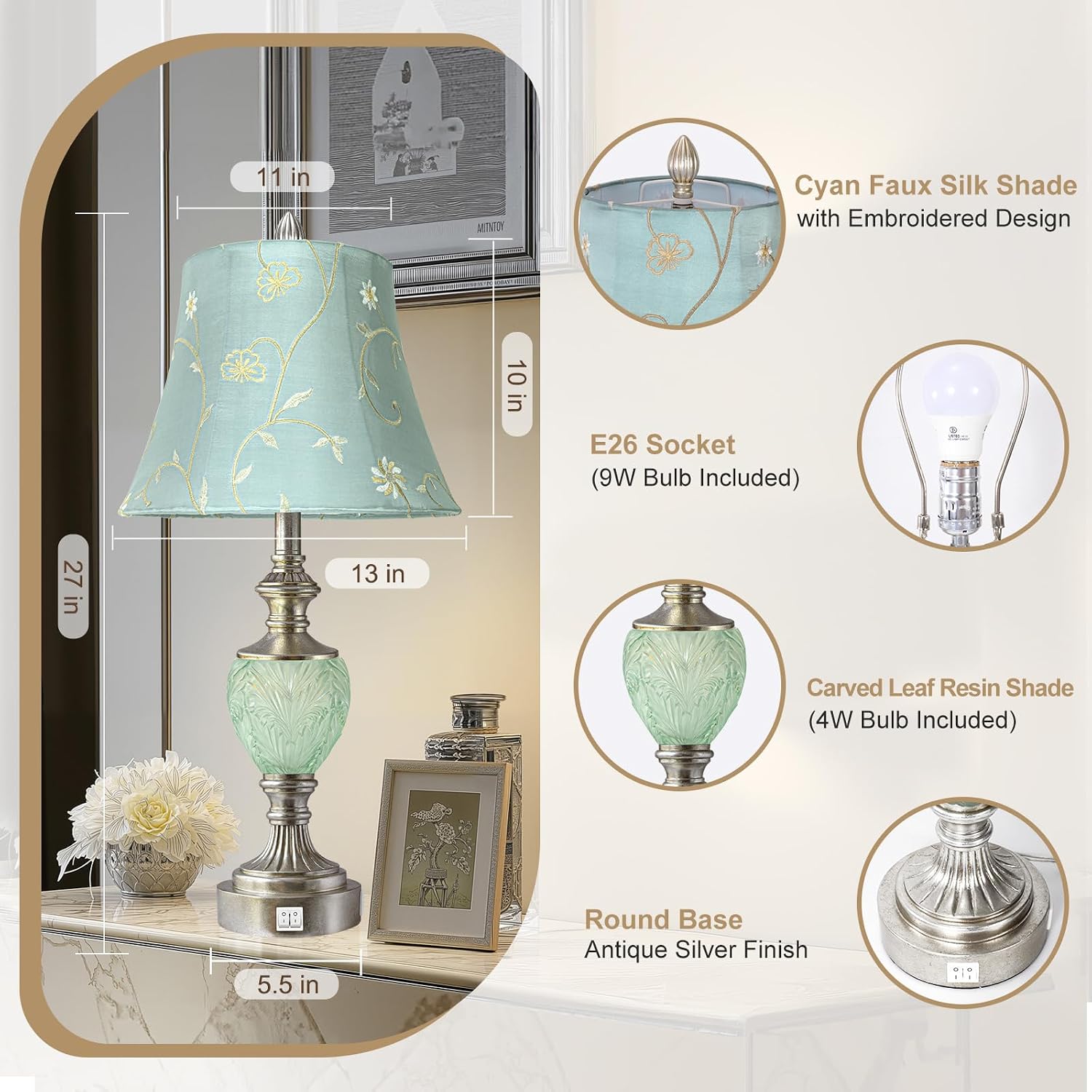 Bedside Table Lamp Set of 2 with Nightlight and USB A+C Ports, 27'' High Vintage Table Lamps with Silver Leaf Finish and Embroidered Shade, Nightstand Lamps Decor for Bedroom Living Room Home Office