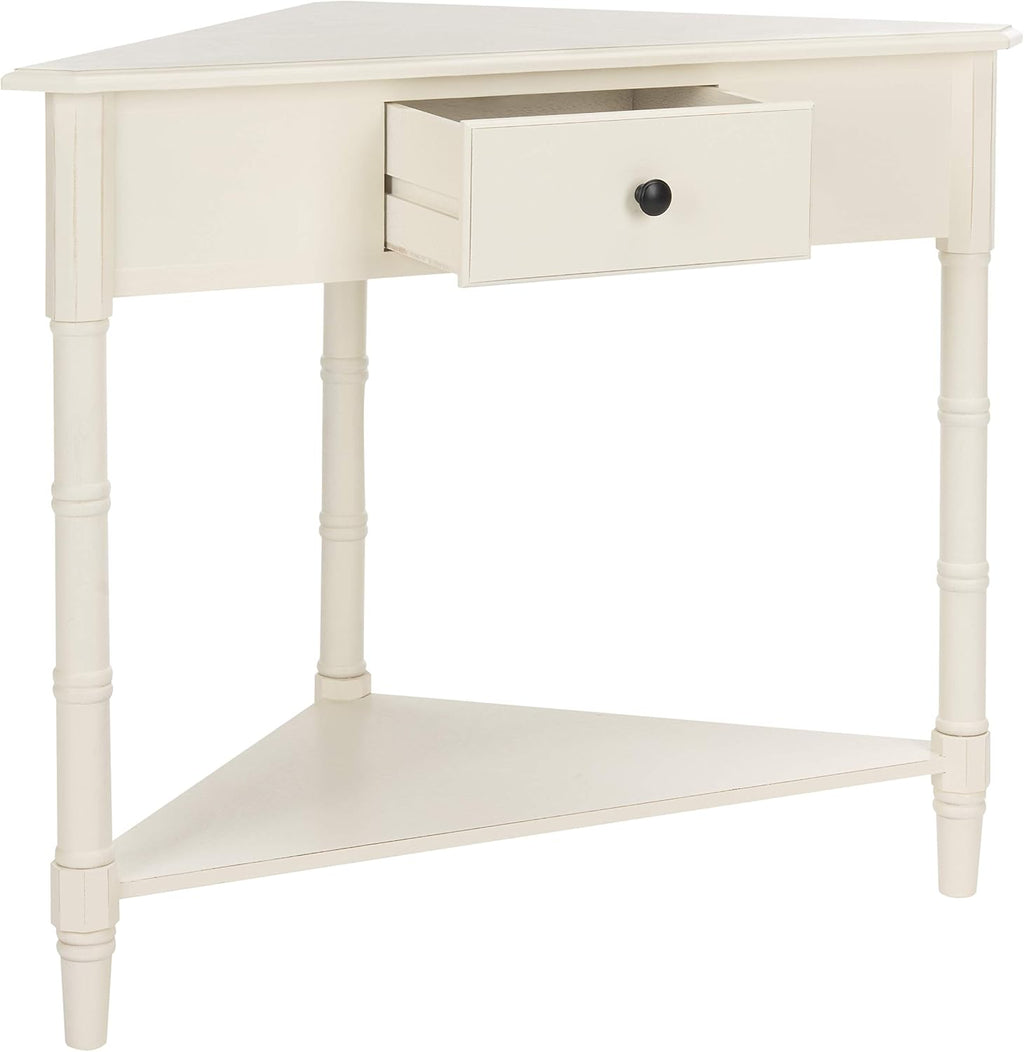 SAFAVIEH Furniture - Gomez 1-Drawer Corner Table - Distressed Cream - Solid Wood - Classic Corner Storage Design - Ideal for Entryway, Living Room, Home Office, 33.1'W x 17.3'D x 28'H (AMH5709C)