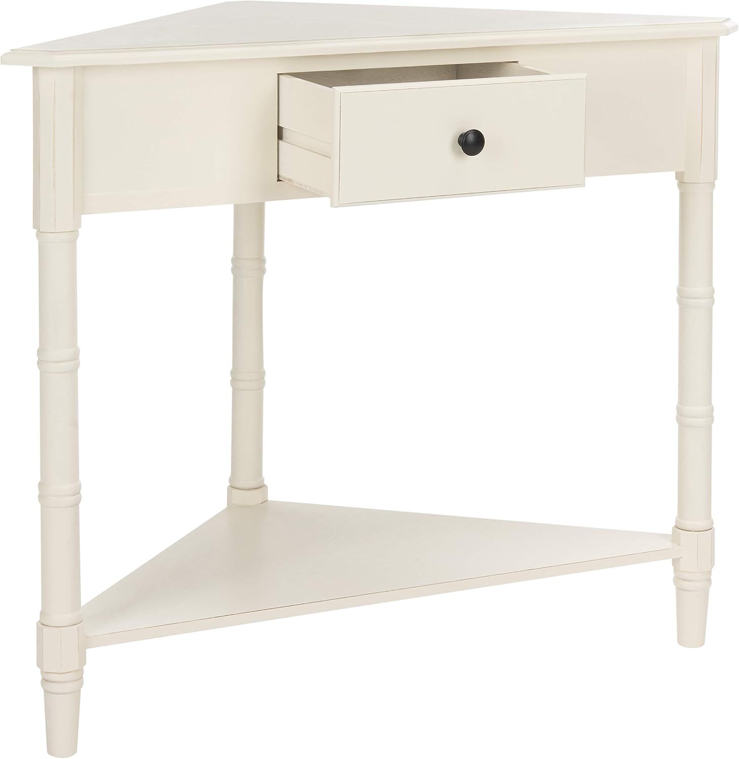 SAFAVIEH Furniture - Gomez 1-Drawer Corner Table - Distressed Cream - Solid Wood - Classic Corner Storage Design - Ideal for Entryway, Living Room, Home Office, 33.1'W x 17.3'D x 28'H (AMH5709C)