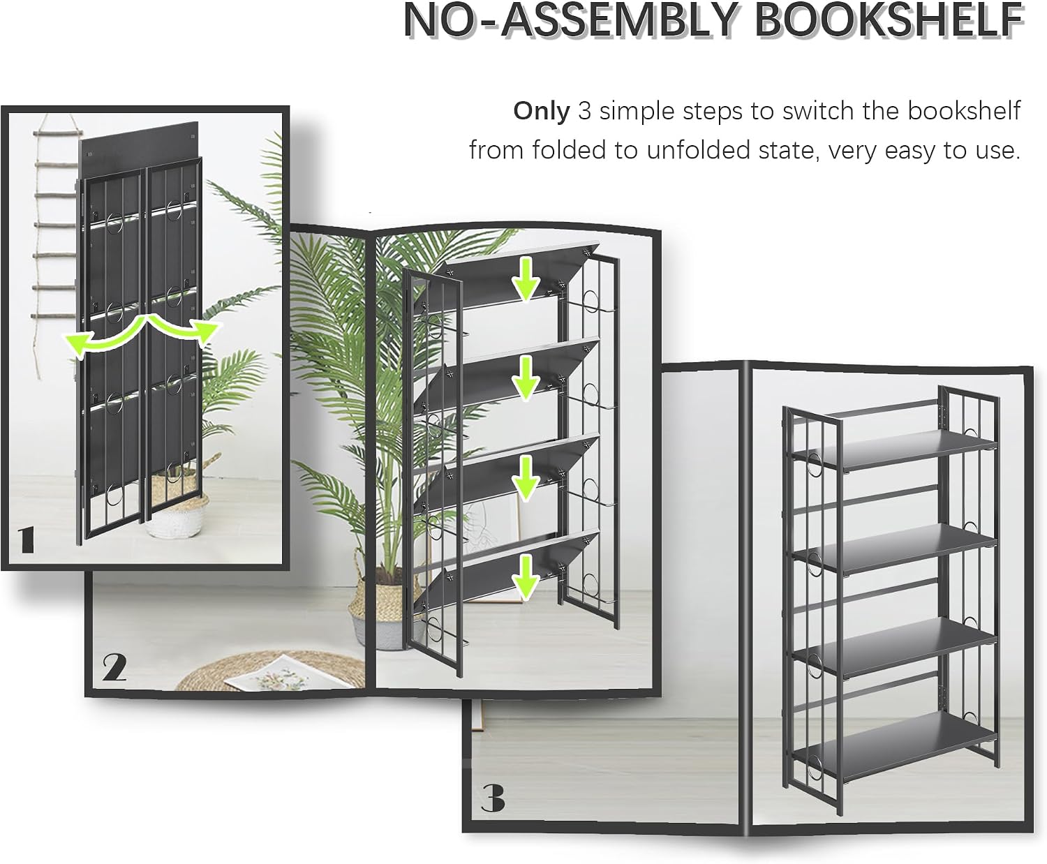 4NM No Assembly 4 Tiers Folding Bookshelf, 47.2' H Foldable Storage Shelves Vintage Bookcase Standing Racks Study Organizer Home Office - All Black