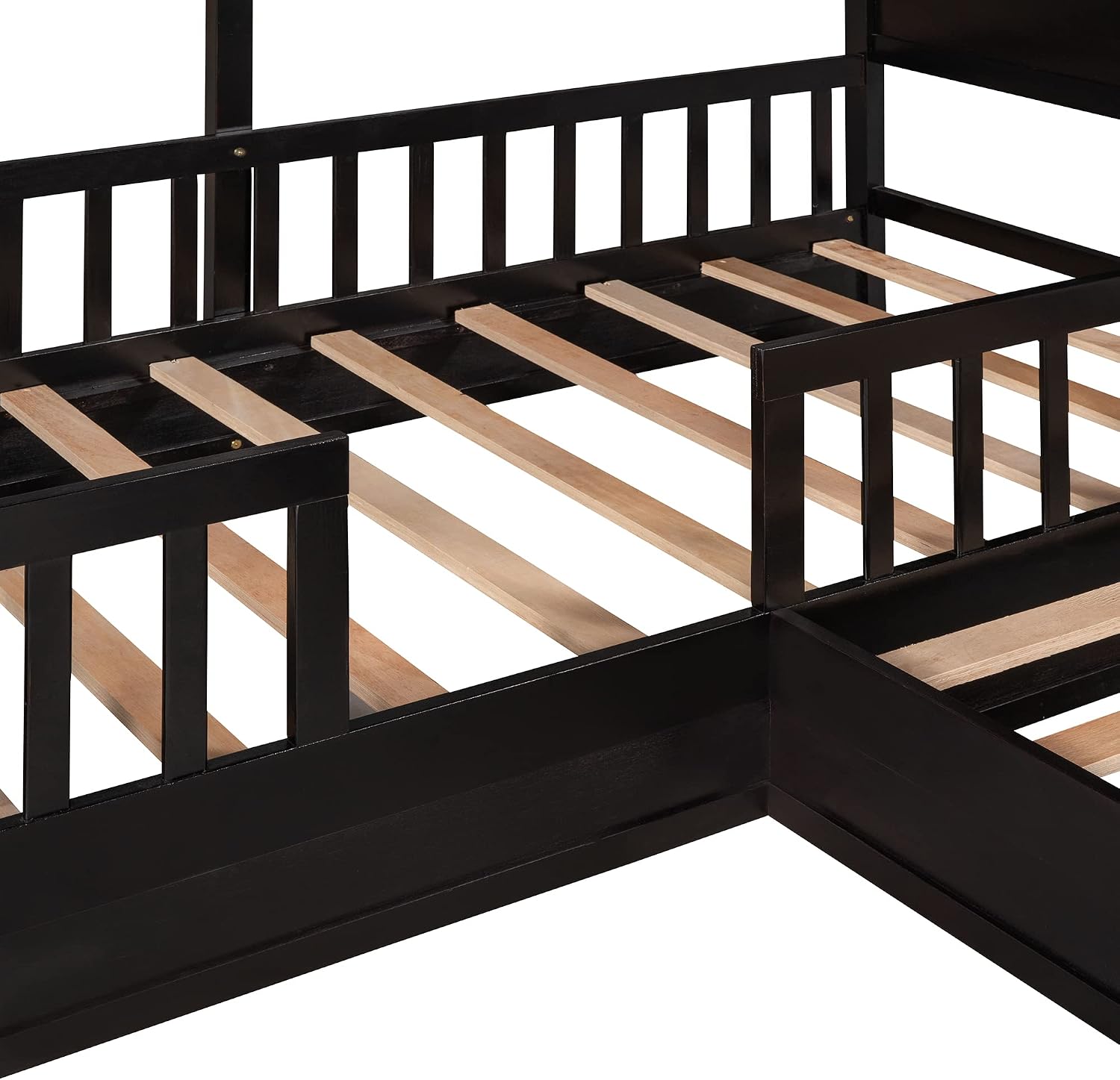 CITYLIGHT Wood L Shaped House Bed Frame, Twin Size Montessori Corner Bed with Roof, Window & Fence, Modern House Shaped Bed for 2 Kids, Espresso