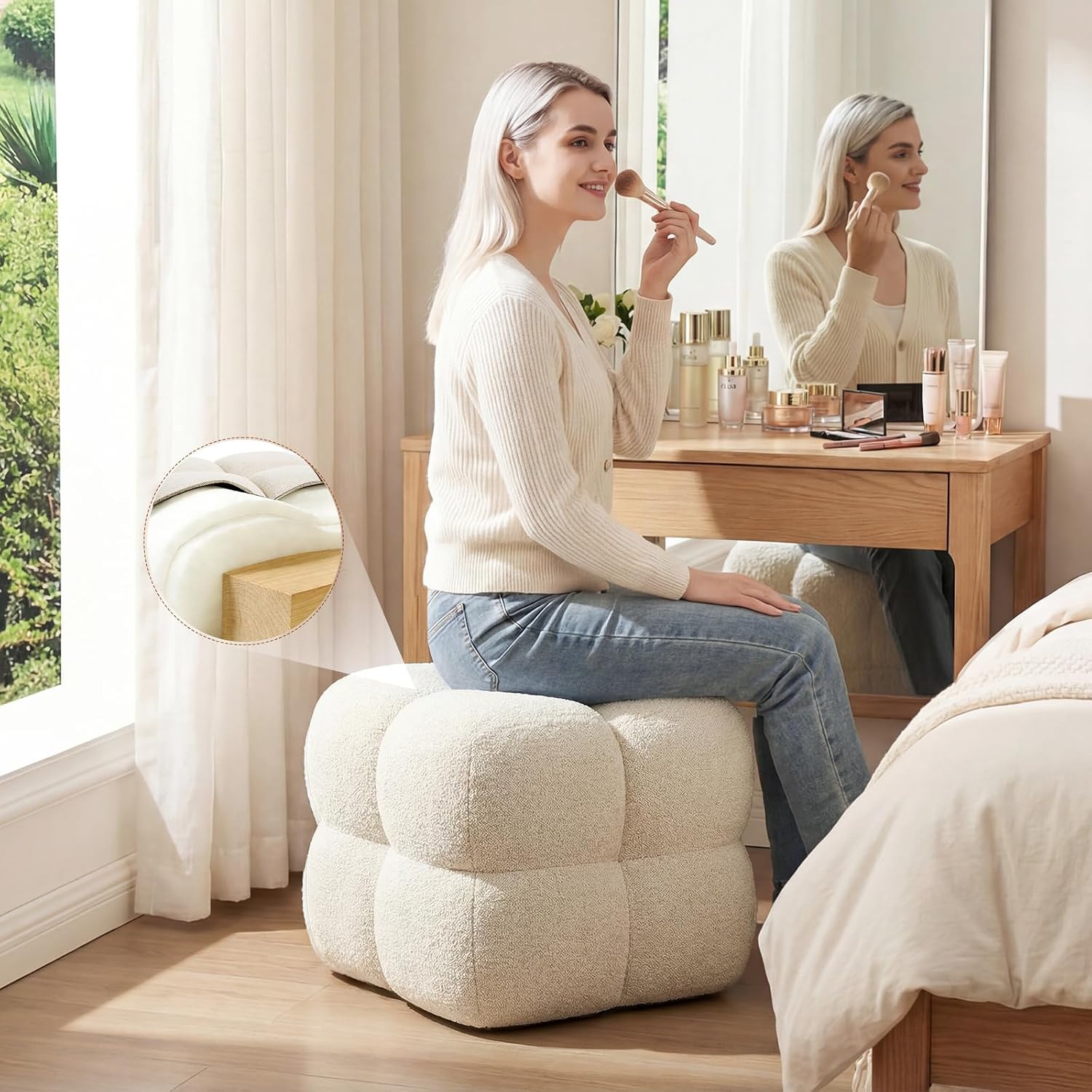 Zesthouse Square Pouf Ottomans Footstool set of 2, Upholstered Poofy Ottoman for Couch Sofa, Modern Ottoman Coffee Table for Living Room, Beige Linen Fabric Stool Foot Rest, Cute Vanity Chair Backless
