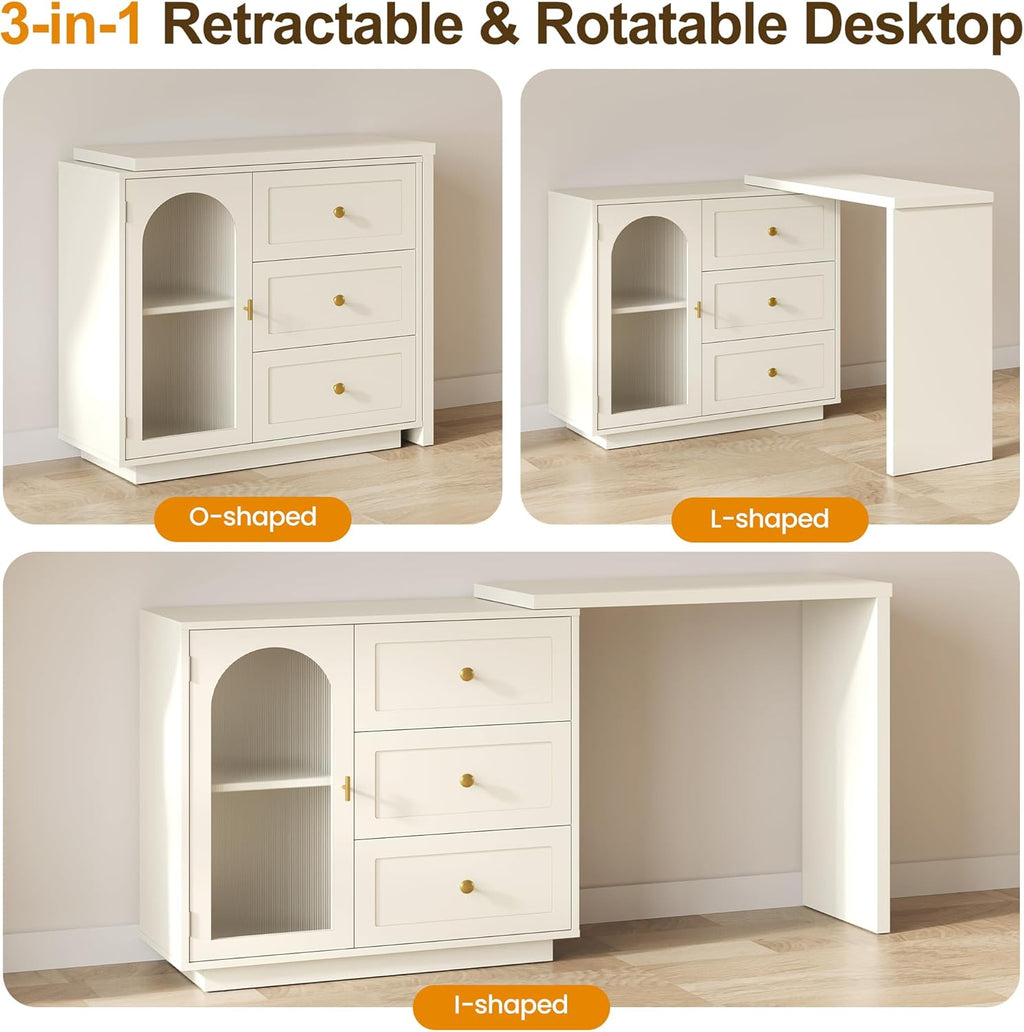 RoyalCraft L-Shaped Computer Desk with 3 Drawers, Extendable and Rotatable Corner Desk with Cabinet, Modern Study Table Writing Desk with Adjustable Shelves for Bedroom, Home Office (59')