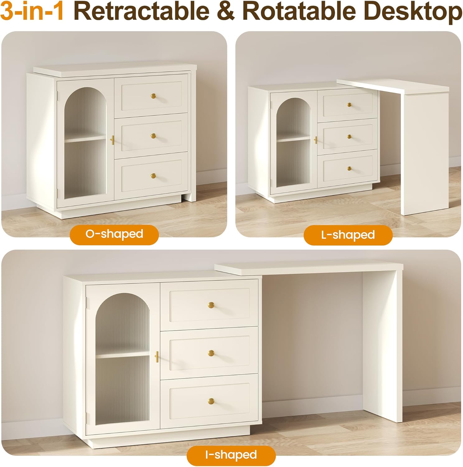 RoyalCraft L-Shaped Computer Desk with 3 Drawers, Extendable and Rotatable Corner Desk with Cabinet, Modern Study Table Writing Desk with Adjustable Shelves for Bedroom, Home Office (59')