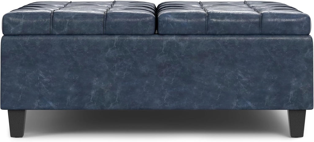 SIMPLIHOME Harrison Large Coffee Table Storage Ottoman - 40 inch Wide Upholstered Vegan Leather Square Lift-Top Ottoman in Denim Blue, Transitional Bench for Living Room with Sturdy Base