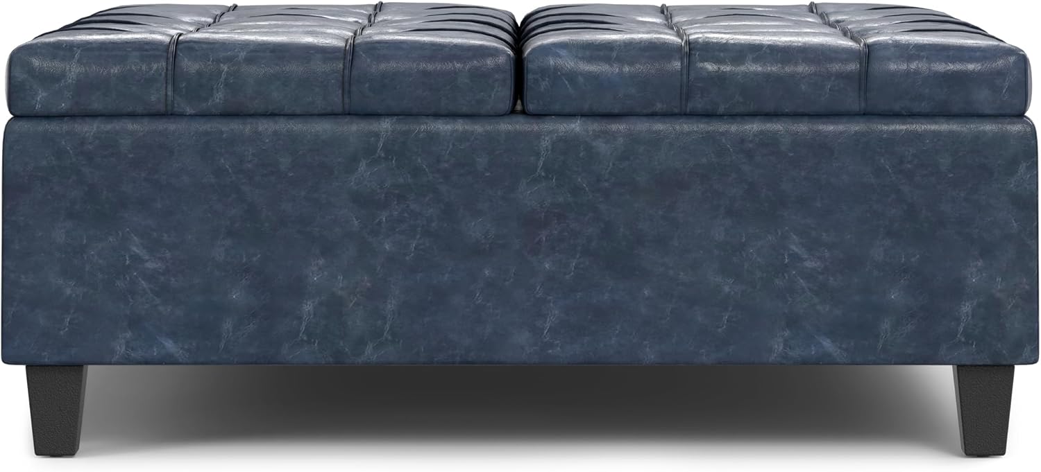 SIMPLIHOME Harrison Large Coffee Table Storage Ottoman - 40 inch Wide Upholstered Vegan Leather Square Lift-Top Ottoman in Denim Blue, Transitional Bench for Living Room with Sturdy Base