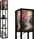 Floor Lamp with Shelves Grey Red Plum Blossom Tree Full Moon Landscape Contemporary Cherry Standing Tall Lamp USB Ports & Power Outlet Modern Corner Lamp Nightstand Light for Living Room Bedroom