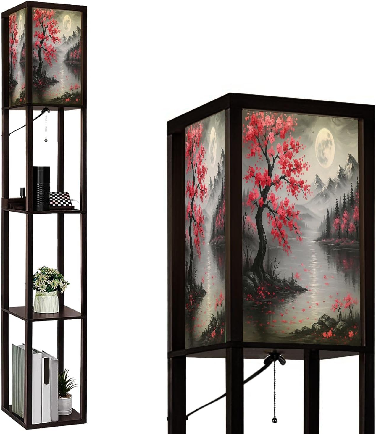 Floor Lamp with Shelves Grey Red Plum Blossom Tree Full Moon Landscape Contemporary Cherry Standing Tall Lamp USB Ports & Power Outlet Modern Corner Lamp Nightstand Light for Living Room Bedroom