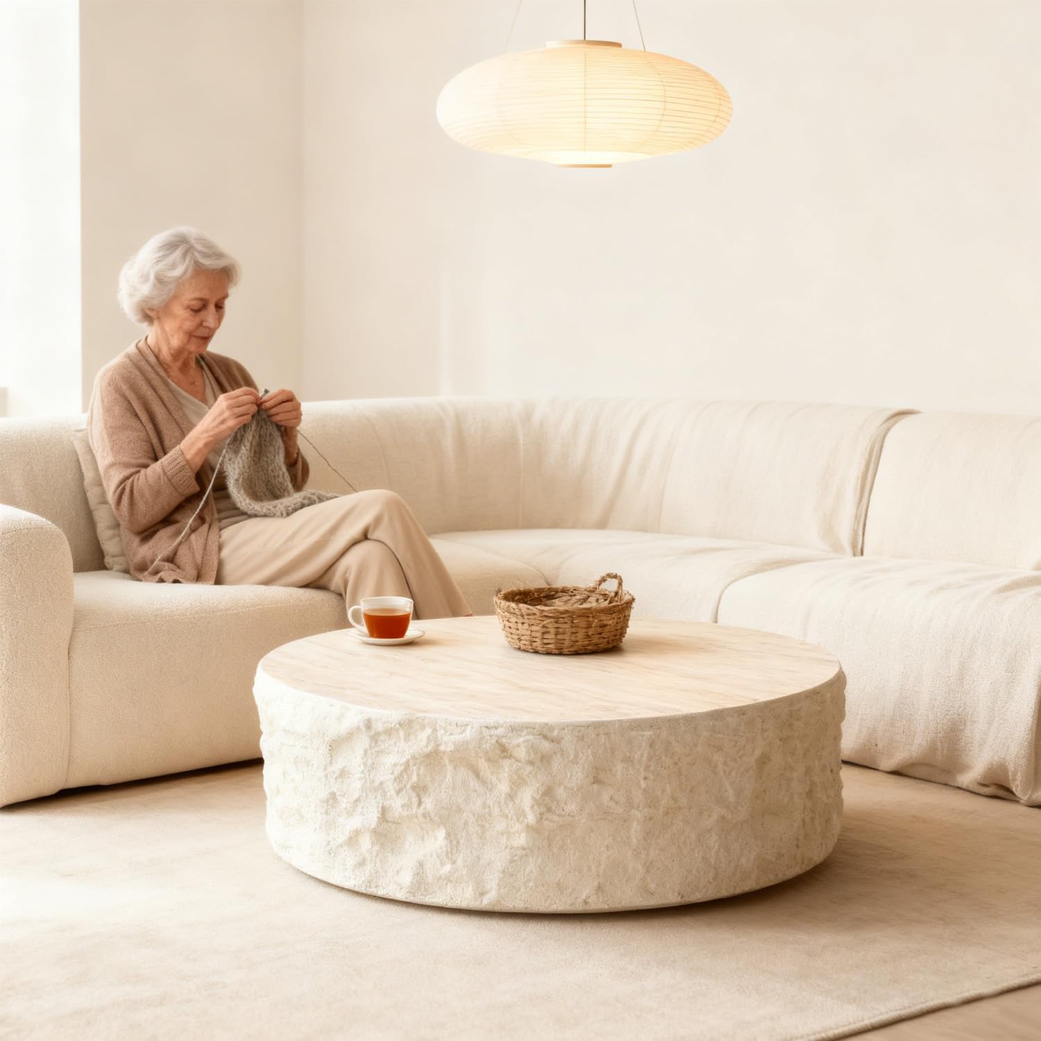 35.43'' Modern Round Coffee Table for Living Room, Faux Marble Stone Coffee Table, Minimalist Circle Center Side Table, Accent End Table for Bedroom Apartment Office, No Need Assembly, Beige