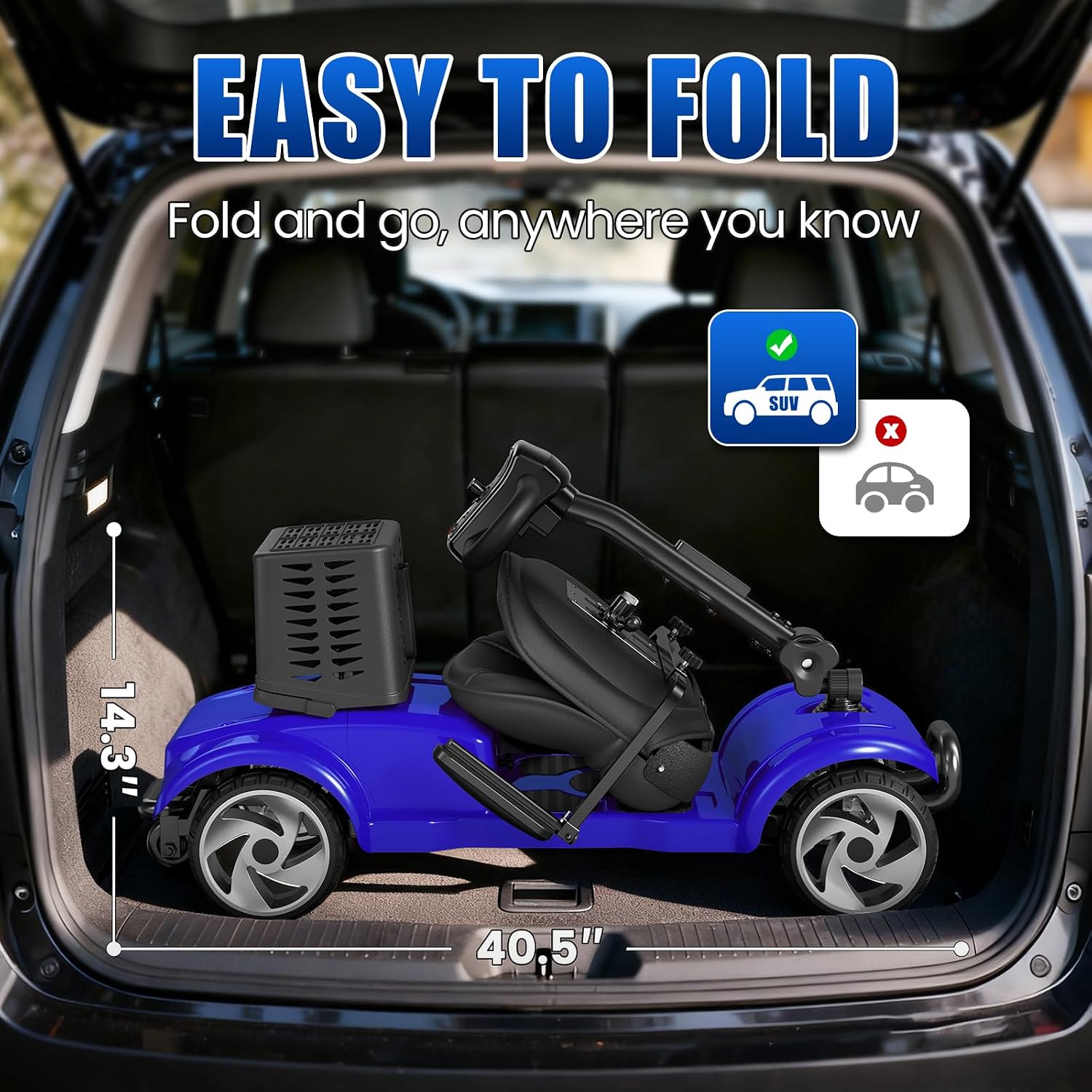 30 Miles Long Range Electric Mobility Scooter, Powered Mobility Scooters for Adults and Seniors, Motorized Scooter, Compact Heavy Duty Mobile for Travel with LED Headlight, Basket Blue