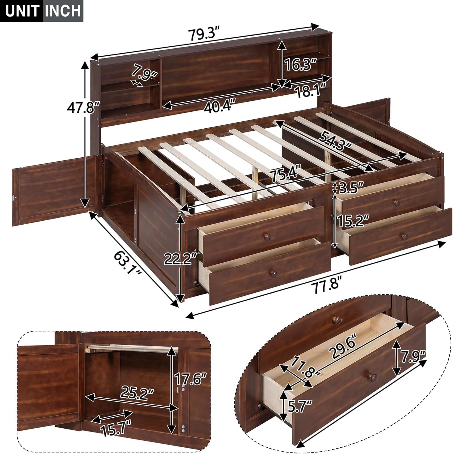 MERITLINE Full Daybed with Storage Drawers,Shelves & Bookcase,Solid Wood Captains Bed with Storage Headboard, Drawers and Cabinets,for Adults