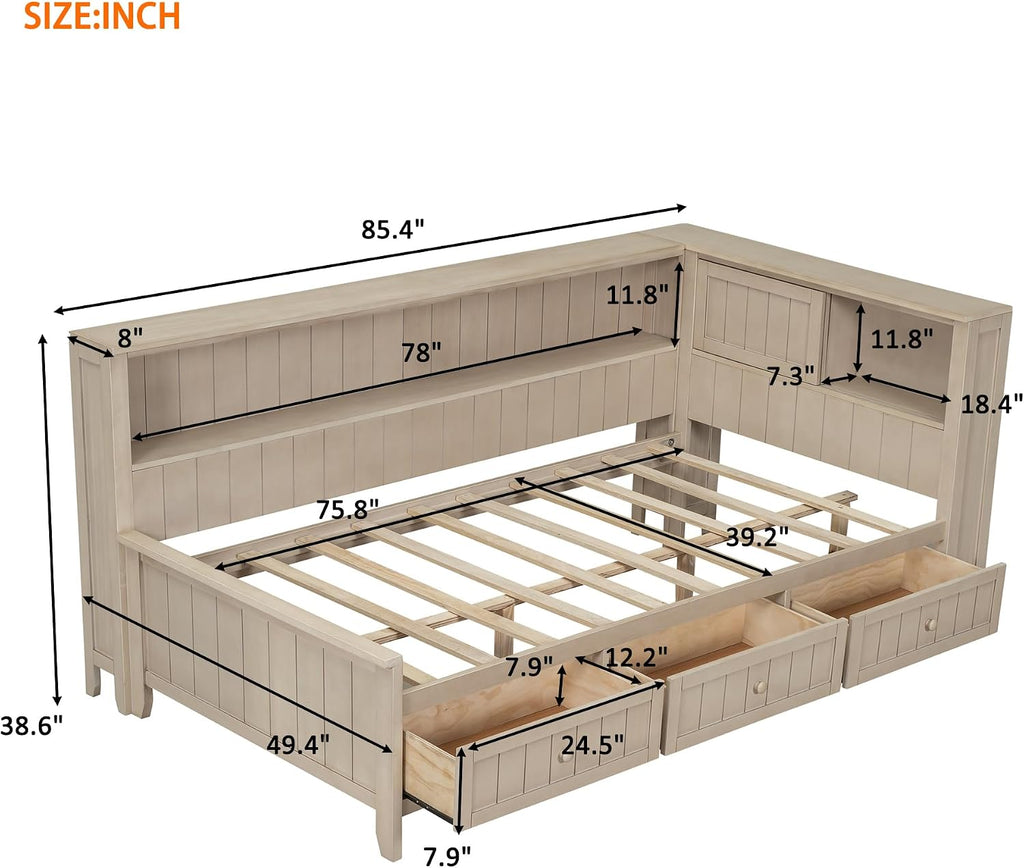 RuiSiSi Twin Daybed with Storage Drawers, Wood Twin Size Corner Bed Frame with Storage Shelves and Headboard, White Milk