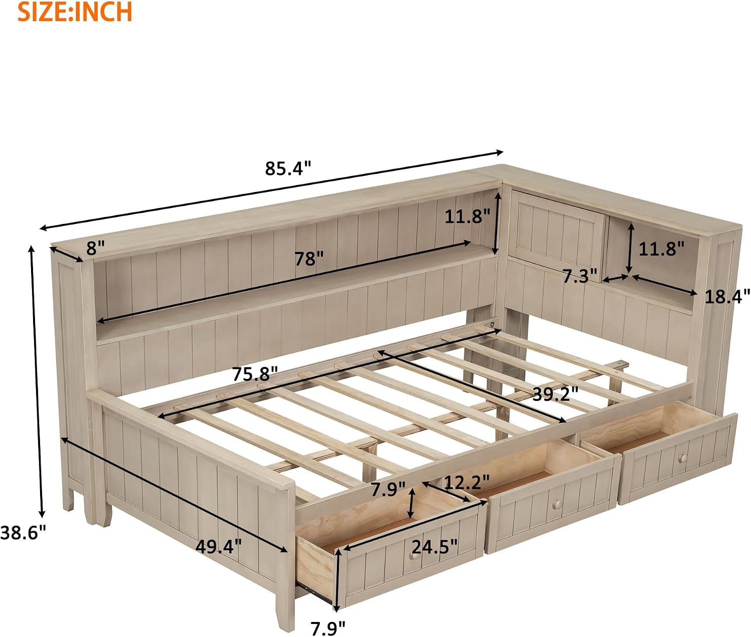 RuiSiSi Twin Daybed with Storage Drawers, Wood Twin Size Corner Bed Frame with Storage Shelves and Headboard, White Milk